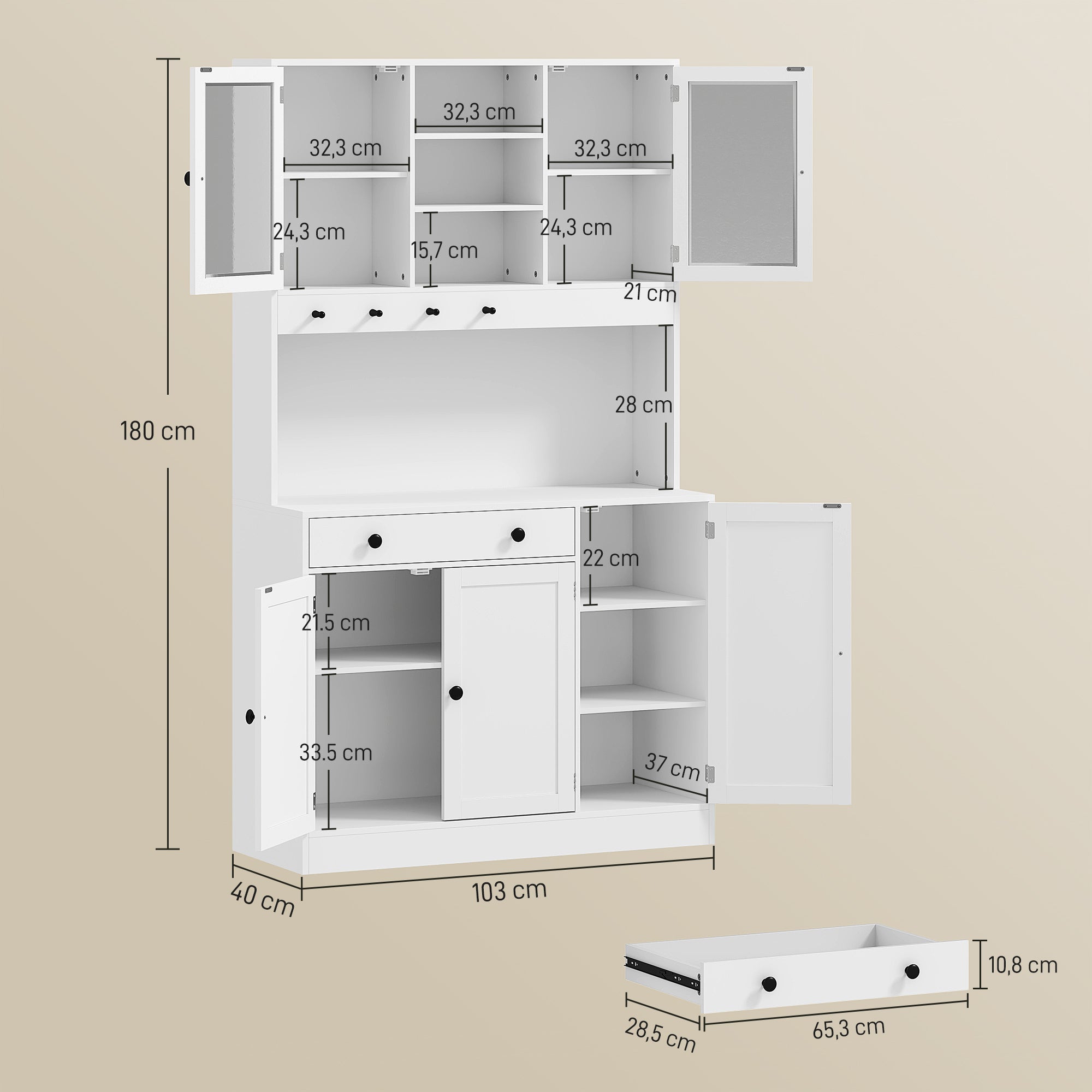 Armoire de cuisine avec LED et multiprise, buffet cuisine meuble de rangement avec placards et tiroir, portes vitrées, télécommande inclus, pour salle à manger, salon, 103x40x180cm, blanc