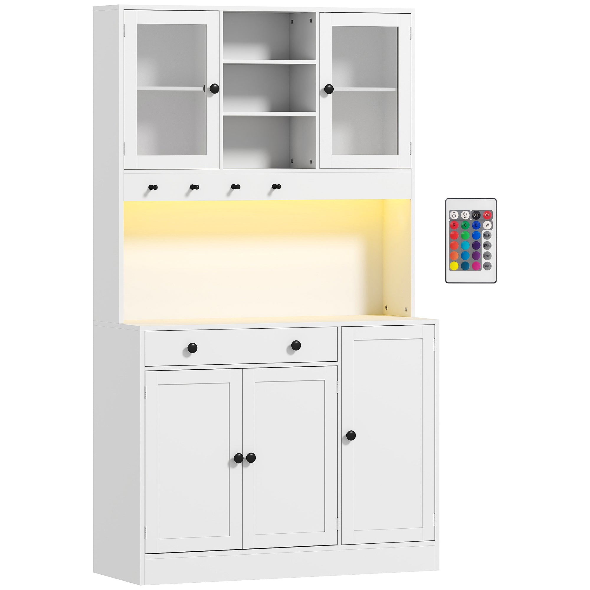 Armoire de cuisine avec LED et multiprise, buffet cuisine meuble de rangement avec placards et tiroir, portes vitrées, télécommande inclus, pour salle à manger, salon, 103x40x180cm, blanc