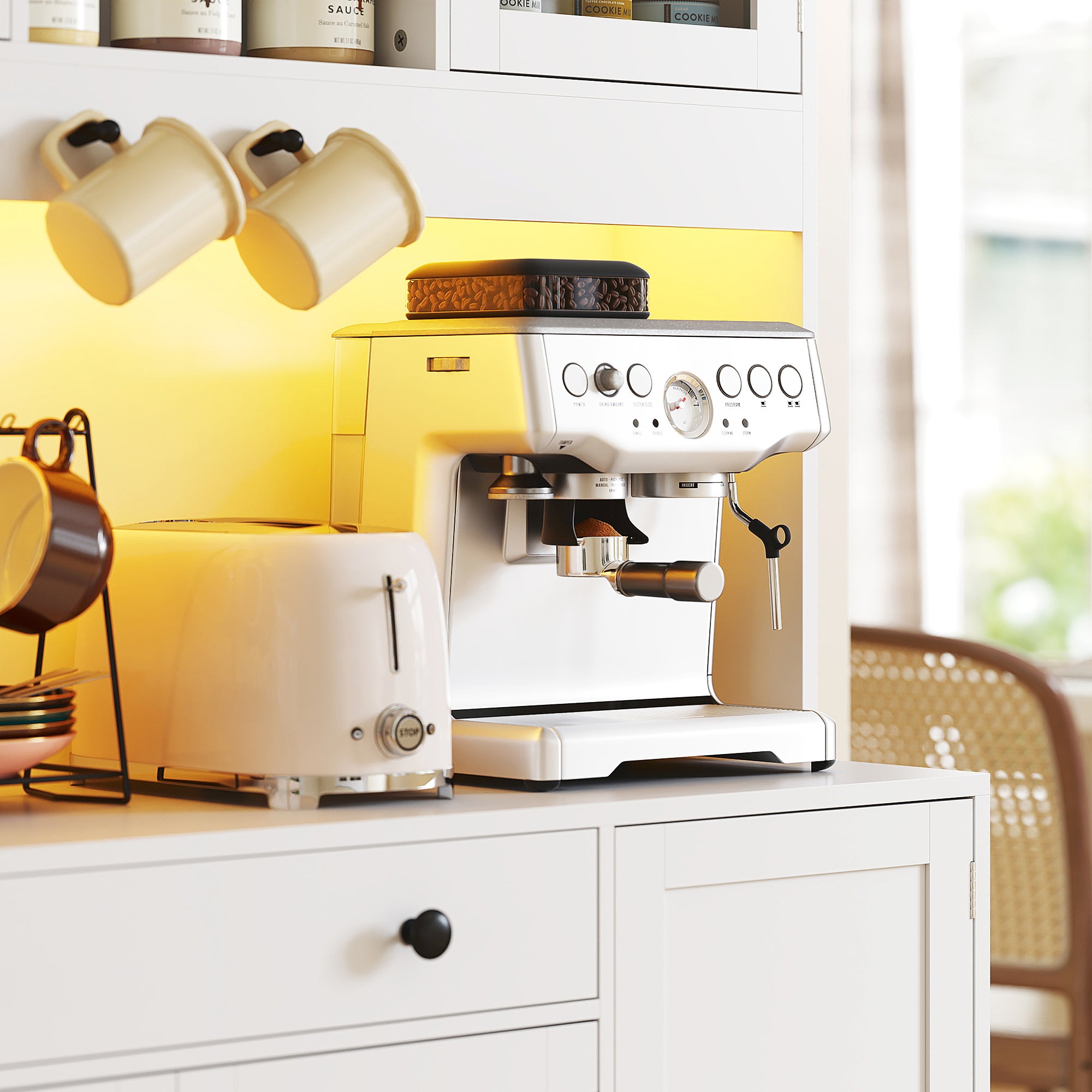 Armoire de cuisine avec LED et multiprise, buffet cuisine meuble de rangement avec placards et tiroir, portes vitrées, télécommande inclus, pour salle à manger, salon, 103x40x180cm, blanc