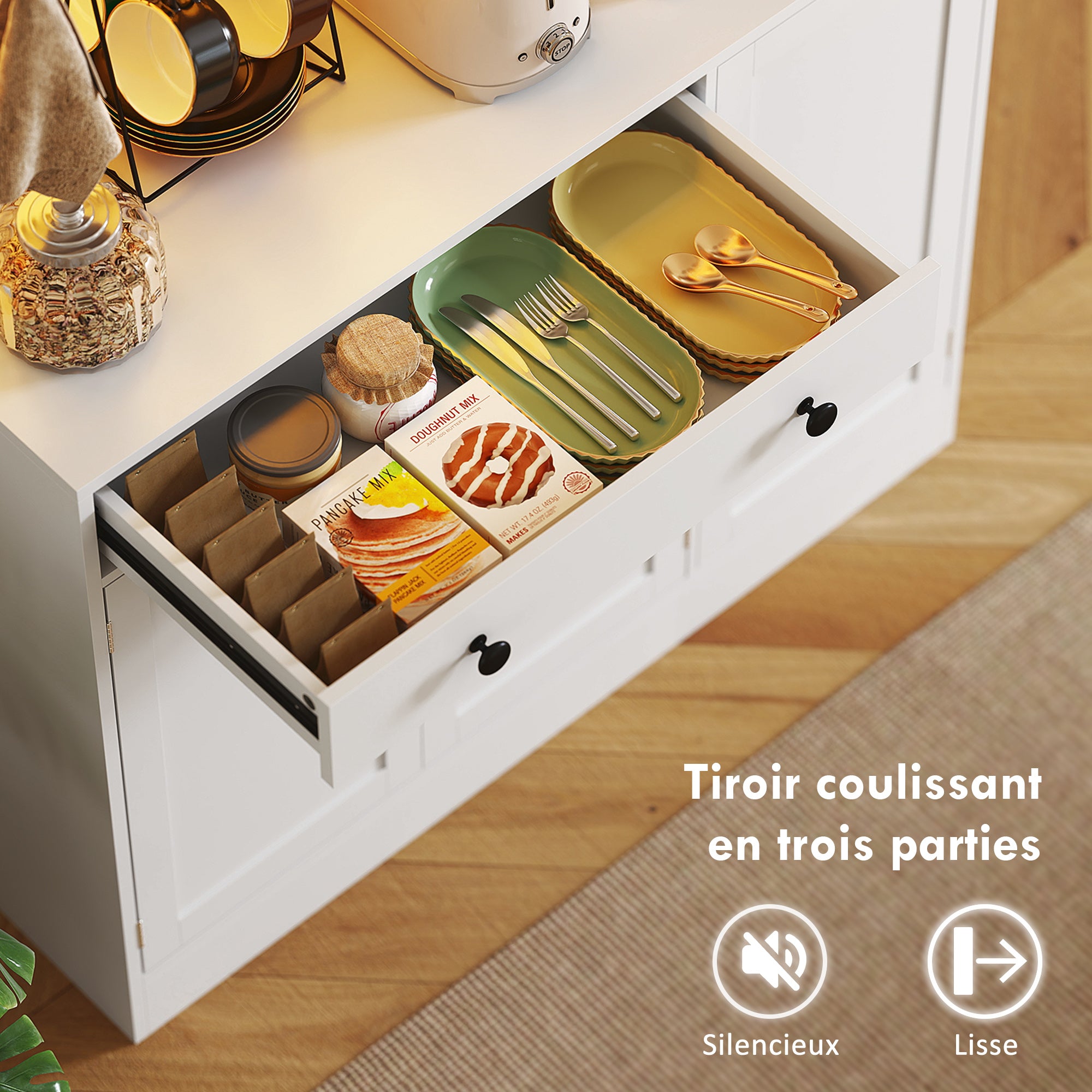 Armoire de cuisine avec LED et multiprise, buffet cuisine meuble de rangement avec placards et tiroir, portes vitrées, télécommande inclus, pour salle à manger, salon, 103x40x180cm, blanc