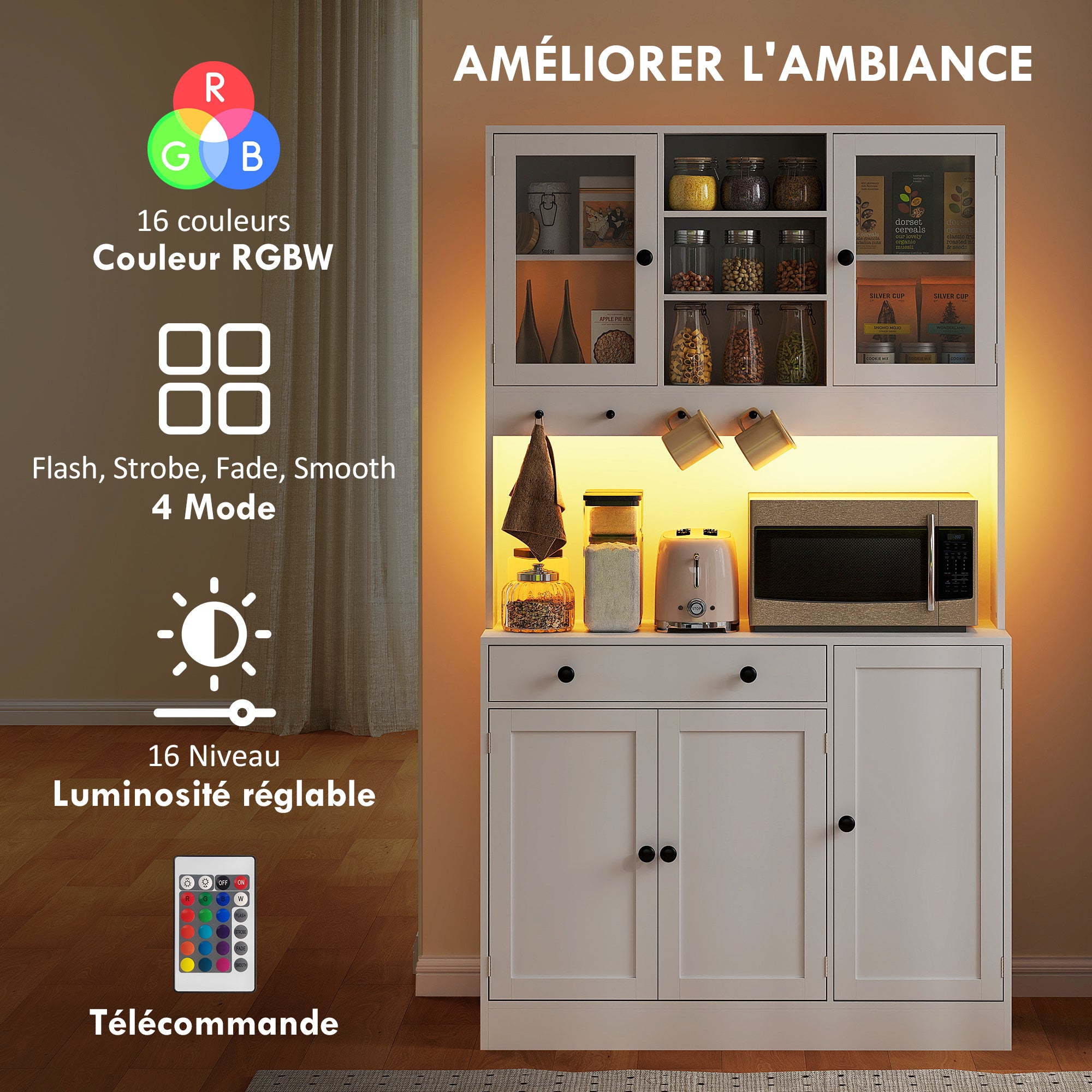 Armoire de cuisine avec LED et multiprise, buffet cuisine meuble de rangement avec placards et tiroir, portes vitrées, télécommande inclus, pour salle à manger, salon, 103x40x180cm, blanc