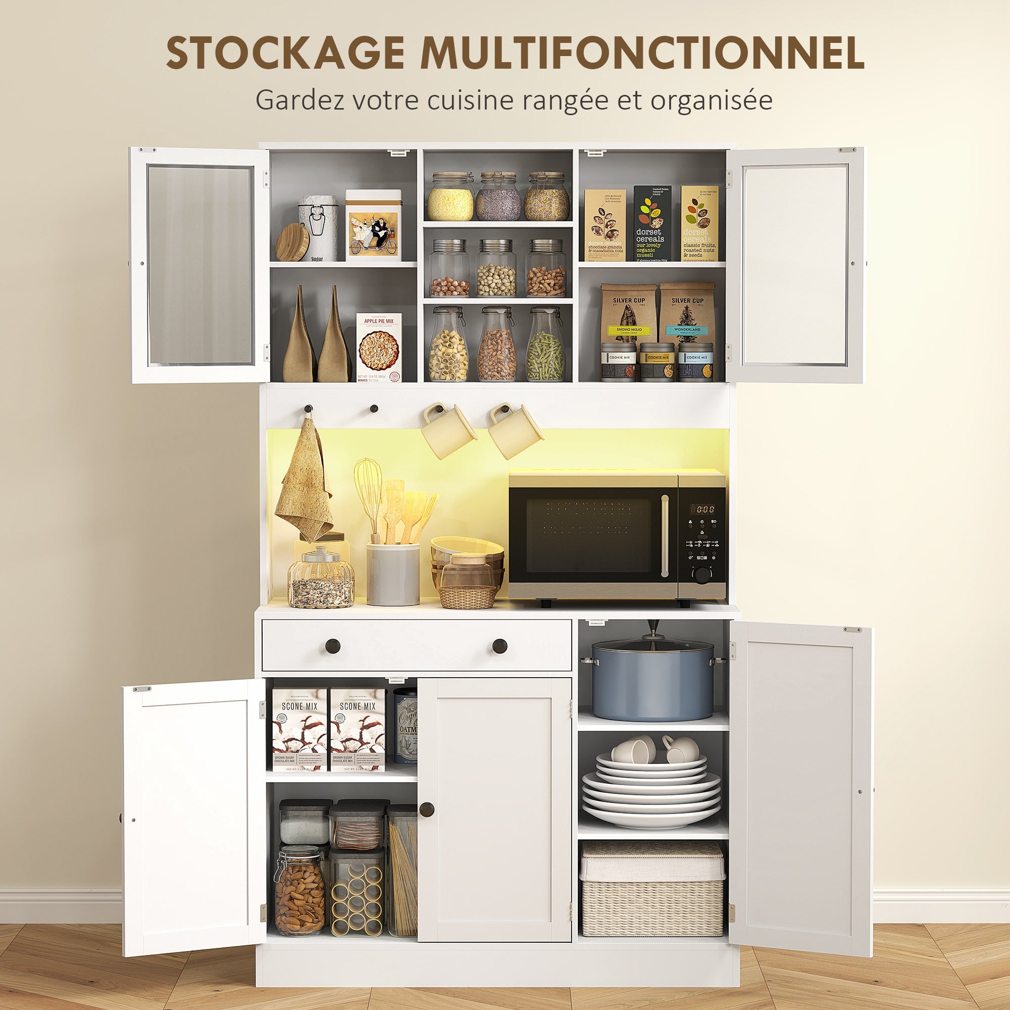 Armoire de cuisine avec LED et multiprise, buffet cuisine meuble de rangement avec placards et tiroir, portes vitrées, télécommande inclus, pour salle à manger, salon, 103x40x180cm, blanc