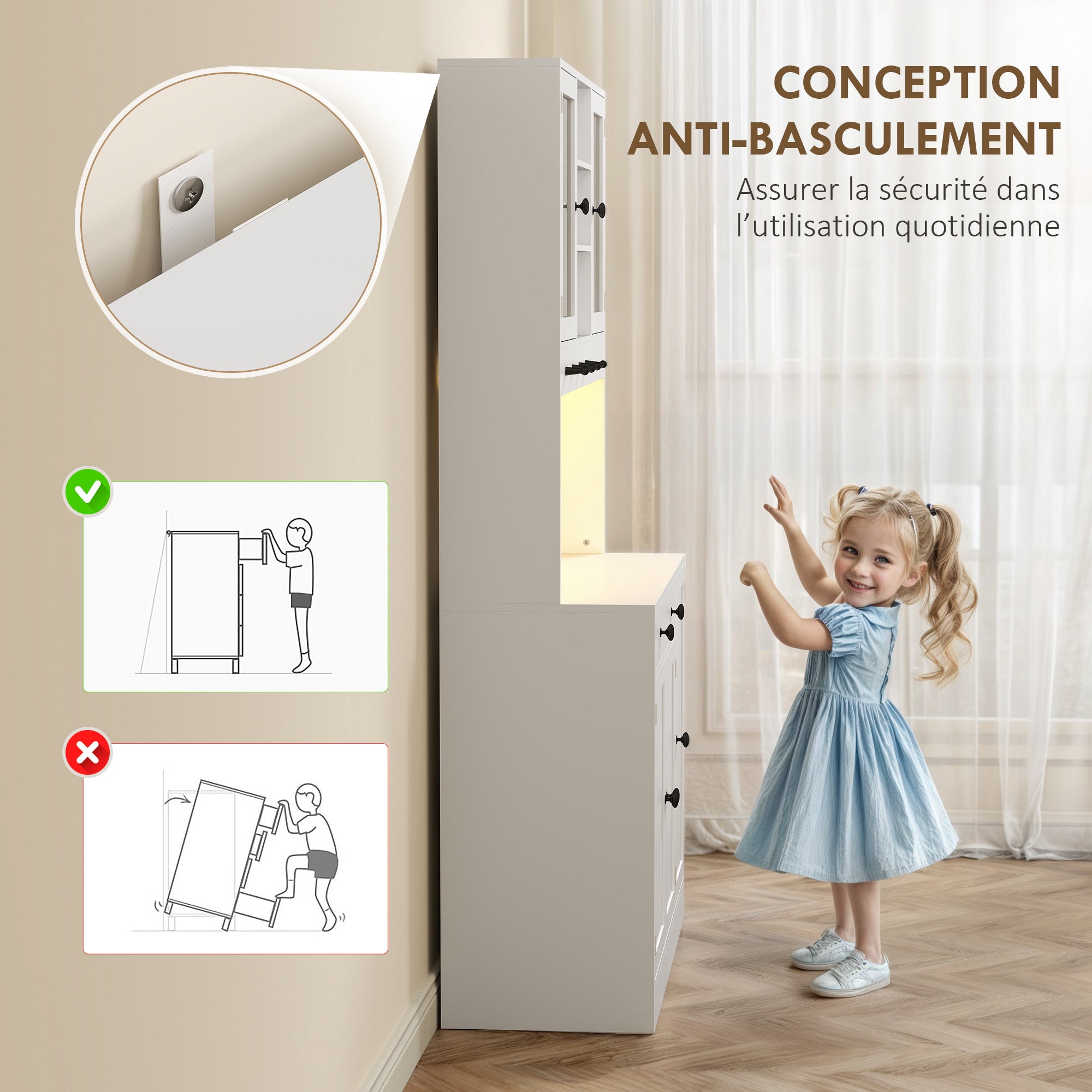 Armoire de cuisine avec LED et multiprise, buffet cuisine meuble de rangement avec placards et tiroir, portes vitrées, télécommande inclus, pour salle à manger, salon, 103x40x180cm, blanc