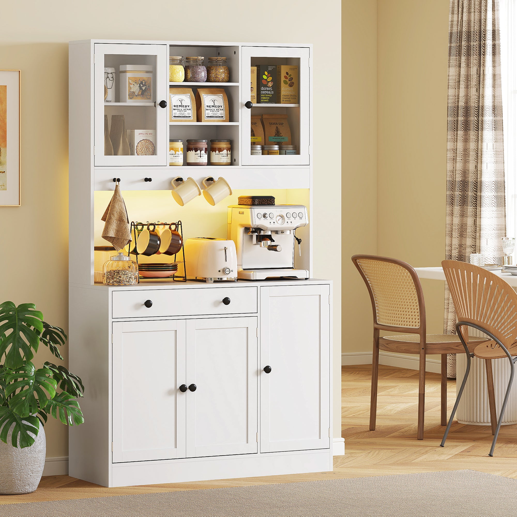 Armoire de cuisine avec LED et multiprise, buffet cuisine meuble de rangement avec placards et tiroir, portes vitrées, télécommande inclus, pour salle à manger, salon, 103x40x180cm, blanc