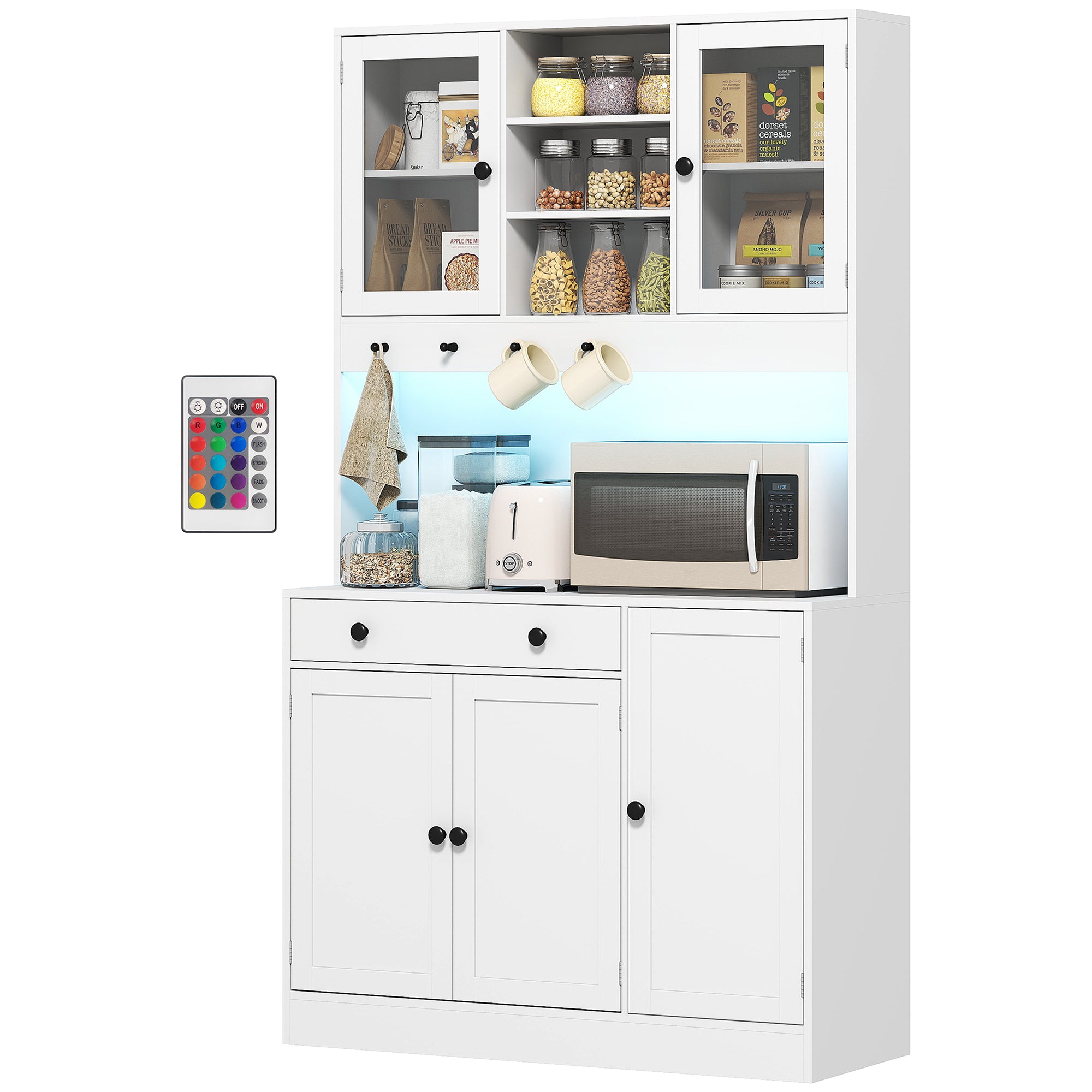 Armoire de cuisine avec LED et multiprise, buffet cuisine meuble de rangement avec placards et tiroir, portes vitrées, télécommande inclus, pour salle à manger, salon, 103x40x180cm, blanc