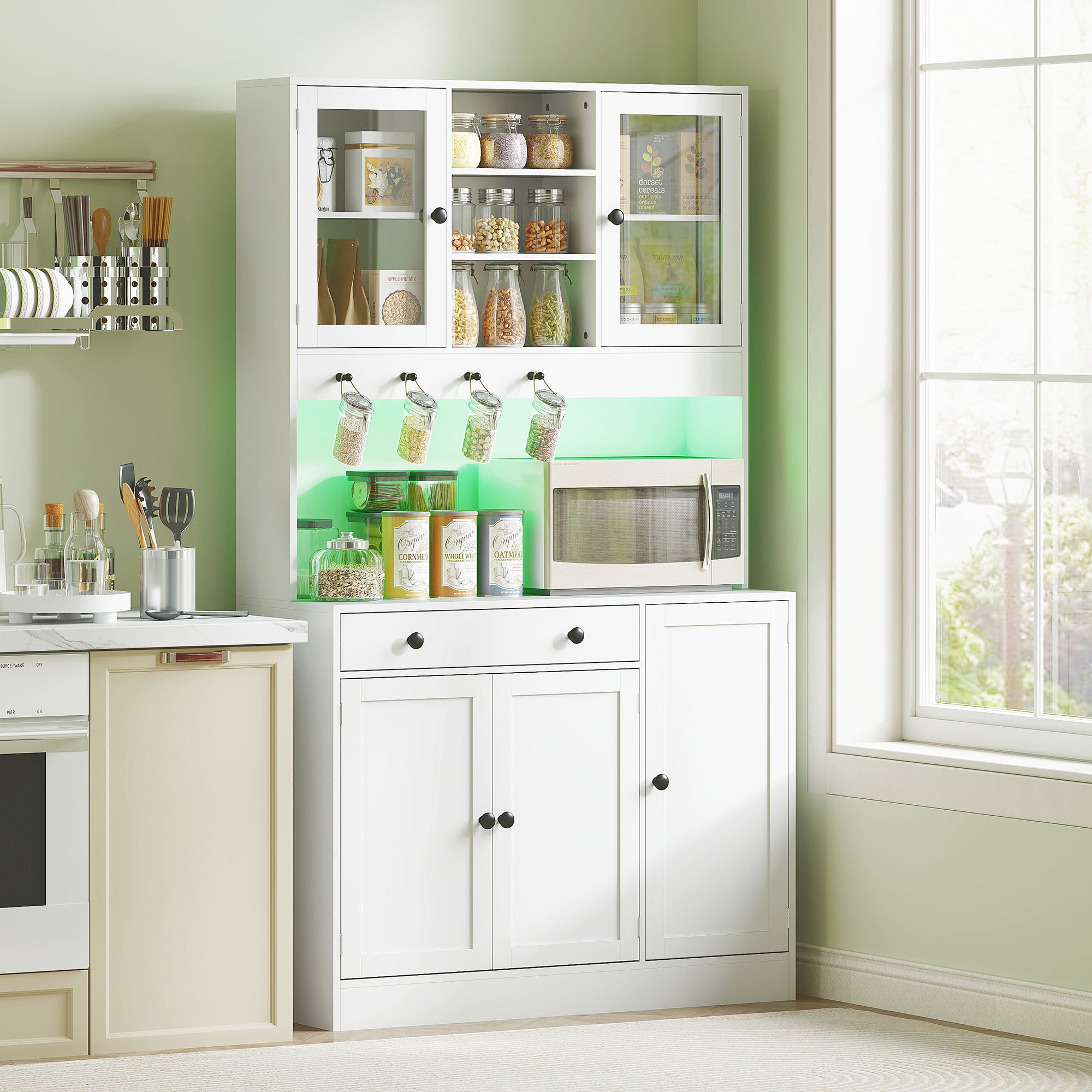 Armoire de cuisine avec LED et multiprise, buffet cuisine meuble de rangement avec placards et tiroir, portes vitrées, télécommande inclus, pour salle à manger, salon, 103x40x180cm, blanc