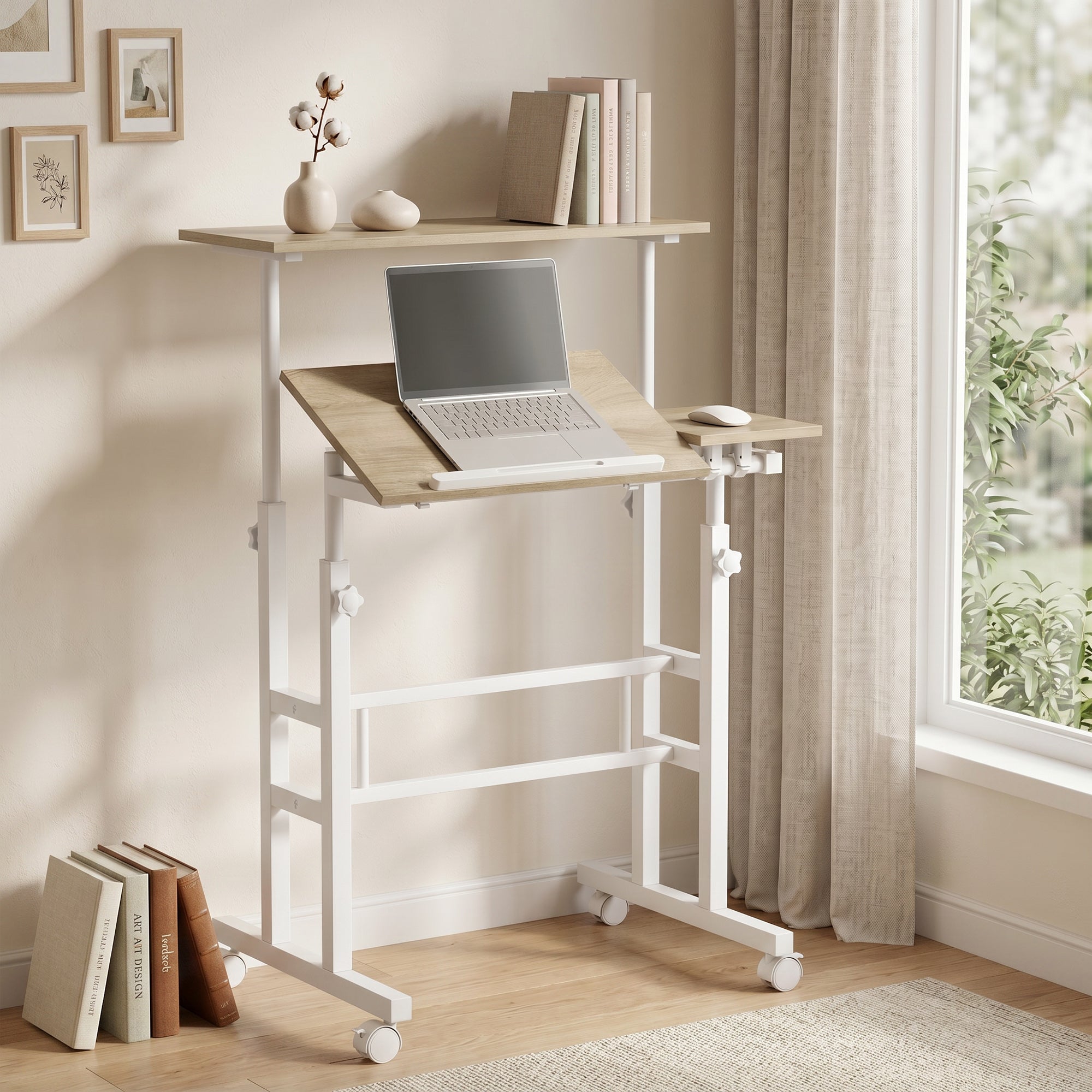 Bureau assis debout, bureau réglable en hauteur 70 x 60 cm, table ordinateur à roulettes avec plateau inclinable, poste de travail pour chambre, petits espaces, marron
