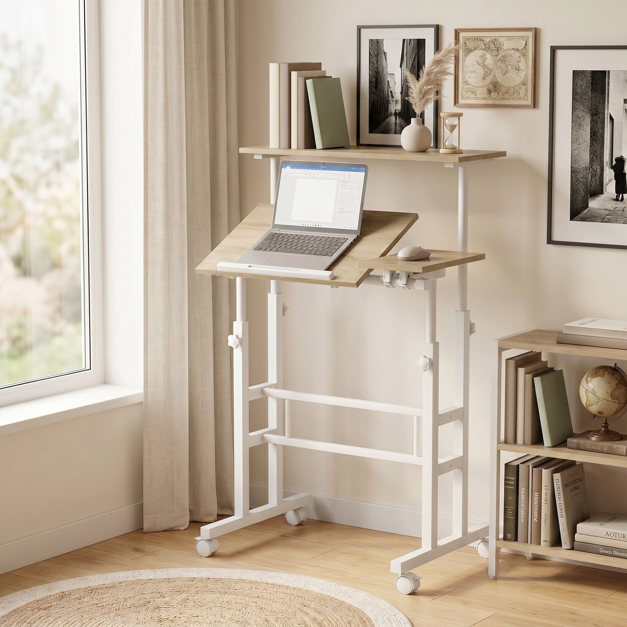 Bureau assis debout, bureau réglable en hauteur 70 x 60 cm, table ordinateur à roulettes avec plateau inclinable, poste de travail pour chambre, petits espaces, marron