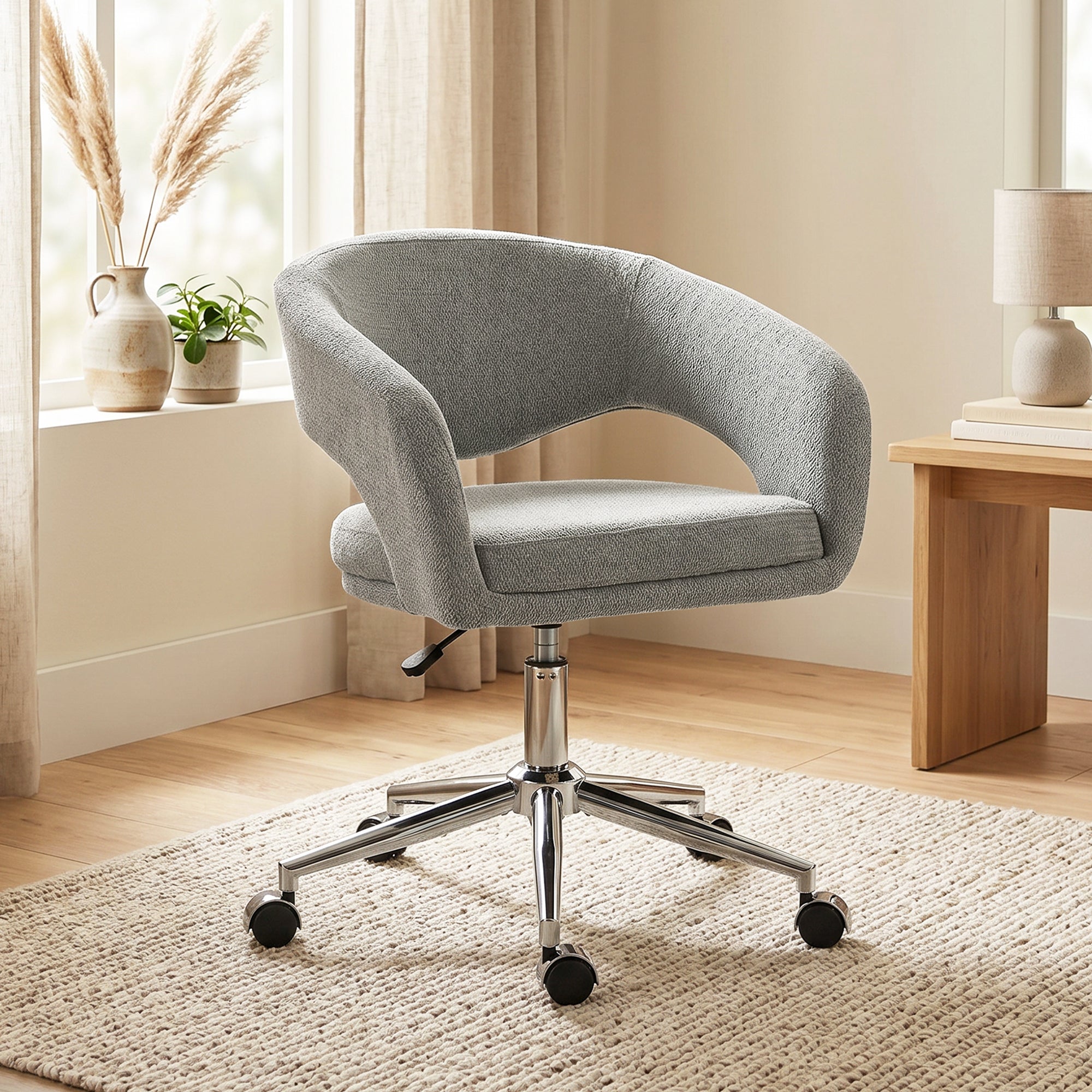 Chaise Bureau Ergonomique, Fauteuil de Bureau en Chenille avec Hauteur Réglable, Dossier Incurvé, Accoudoirs Intégrés et Pivotant à 360°, pour Bureau, Salon, Chambre, Gris