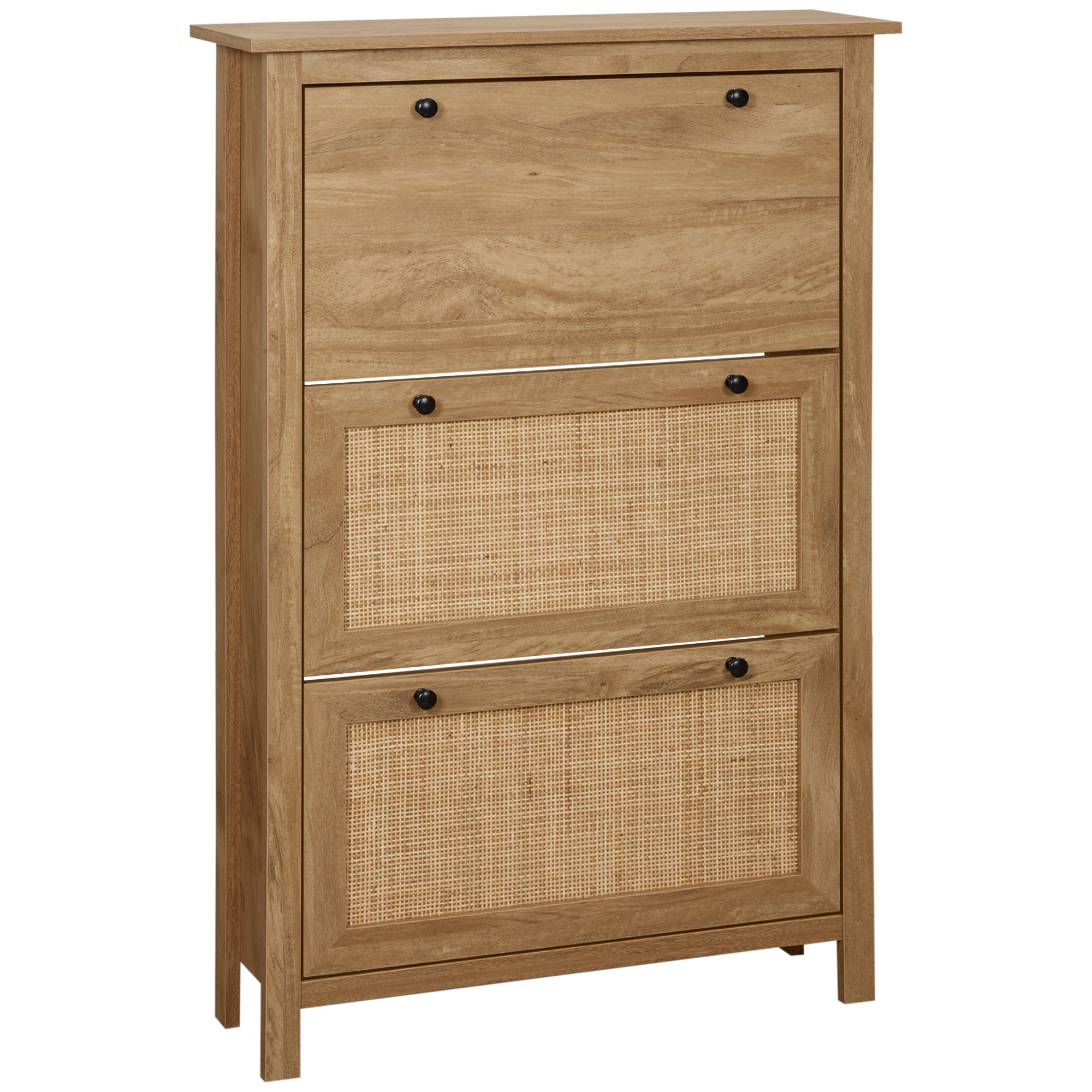 Meuble chaussure entrée, armoire à chaussures avec 3 tiroirs à portes abattants effet cannage rotin et étagère réglable, meuble d'entrée et couloir 18 paires - 80 x 23,5 x 121,5 cm bois naturel
