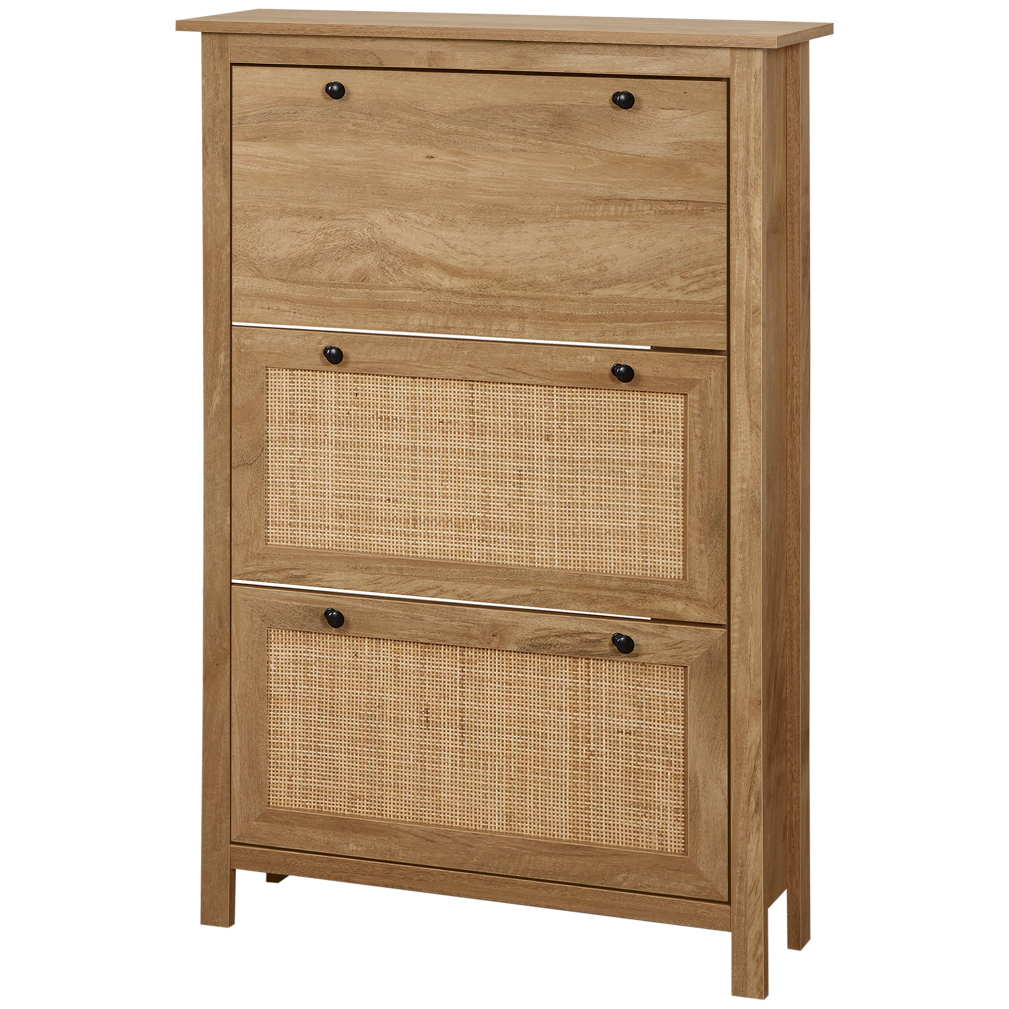 Meuble chaussure entrée, armoire à chaussures avec 3 tiroirs à portes abattants effet cannage rotin et étagère réglable, meuble d'entrée et couloir 18 paires - 80 x 23,5 x 121,5 cm bois naturel
