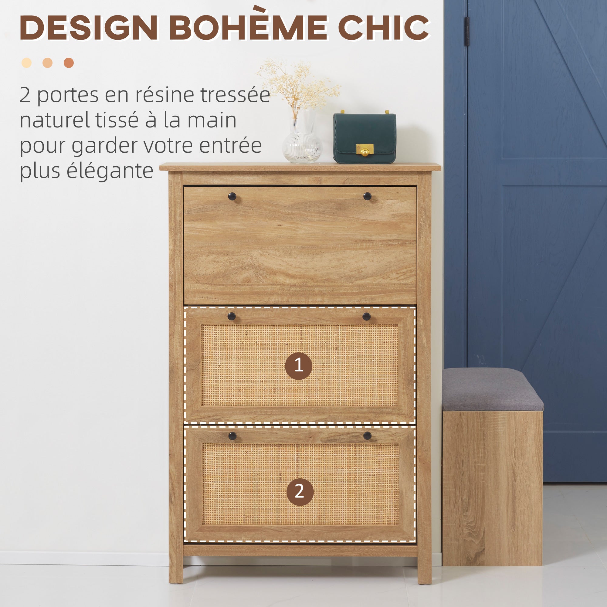 Meuble chaussure entrée, armoire à chaussures avec 3 tiroirs à portes abattants effet cannage rotin et étagère réglable, meuble d'entrée et couloir 18 paires - 80 x 23,5 x 121,5 cm bois naturel