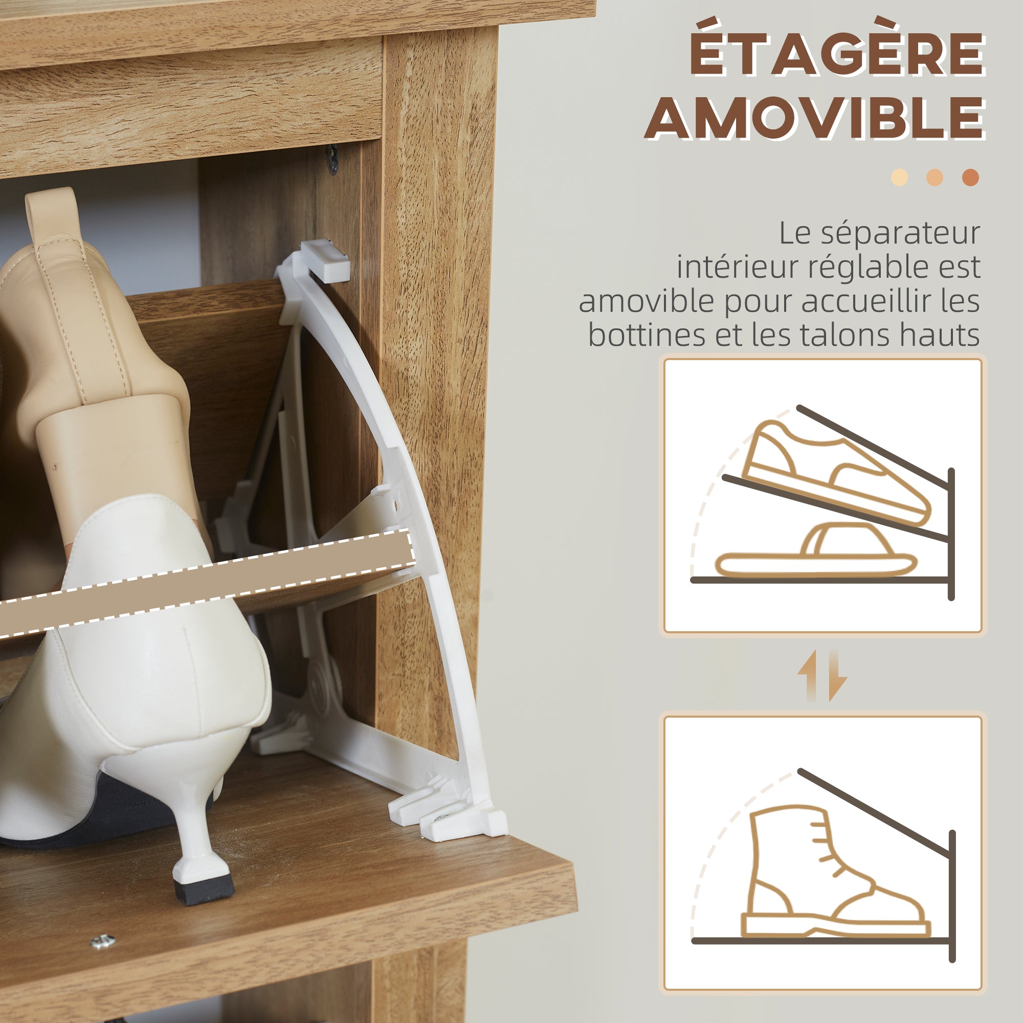 Meuble chaussure entrée, armoire à chaussures avec 3 tiroirs à portes abattants effet cannage rotin et étagère réglable, meuble d'entrée et couloir 18 paires - 80 x 23,5 x 121,5 cm bois naturel