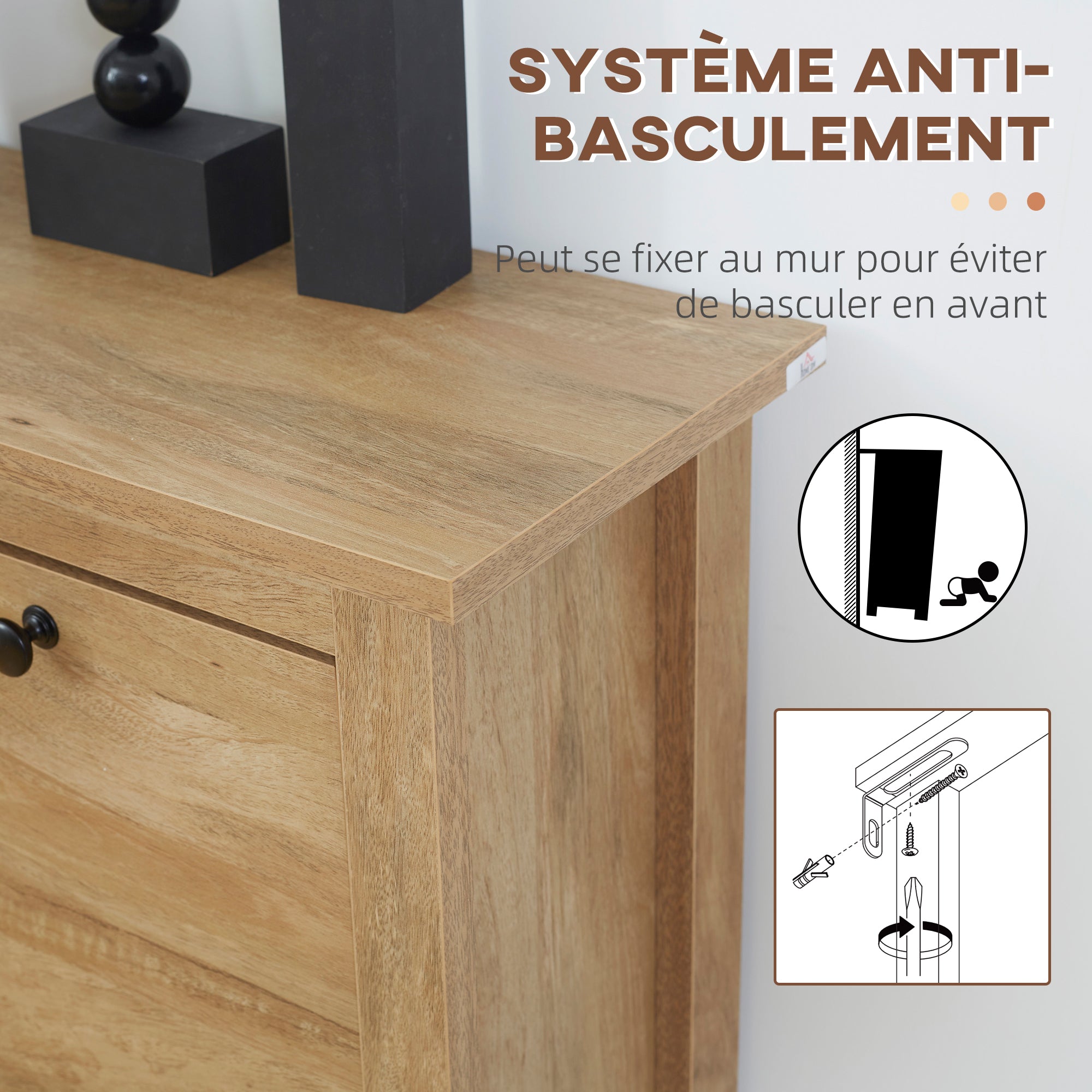 Meuble chaussure entrée, armoire à chaussures avec 3 tiroirs à portes abattants effet cannage rotin et étagère réglable, meuble d'entrée et couloir 18 paires - 80 x 23,5 x 121,5 cm bois naturel