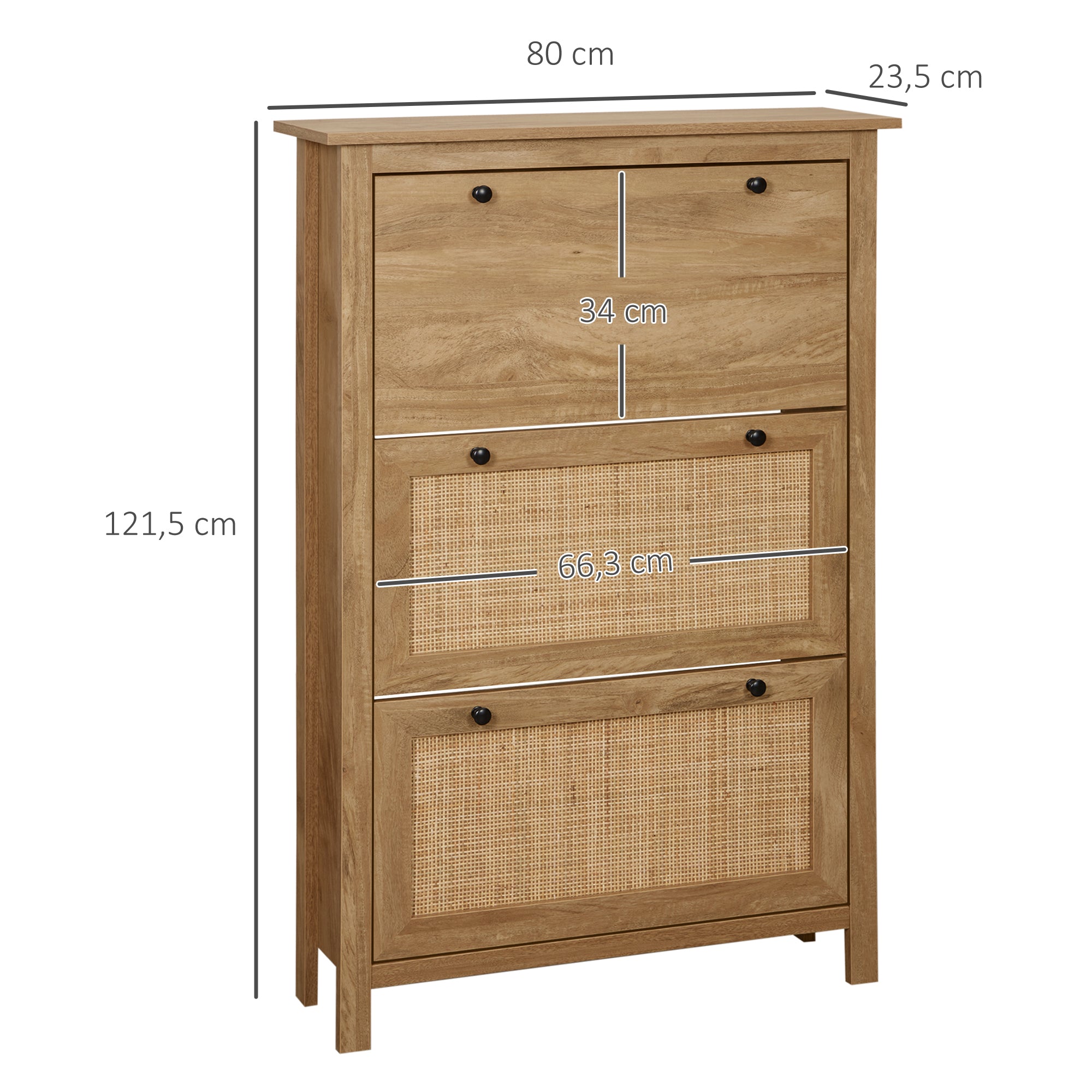 Meuble chaussure entrée, armoire à chaussures avec 3 tiroirs à portes abattants effet cannage rotin et étagère réglable, meuble d'entrée et couloir 18 paires - 80 x 23,5 x 121,5 cm bois naturel