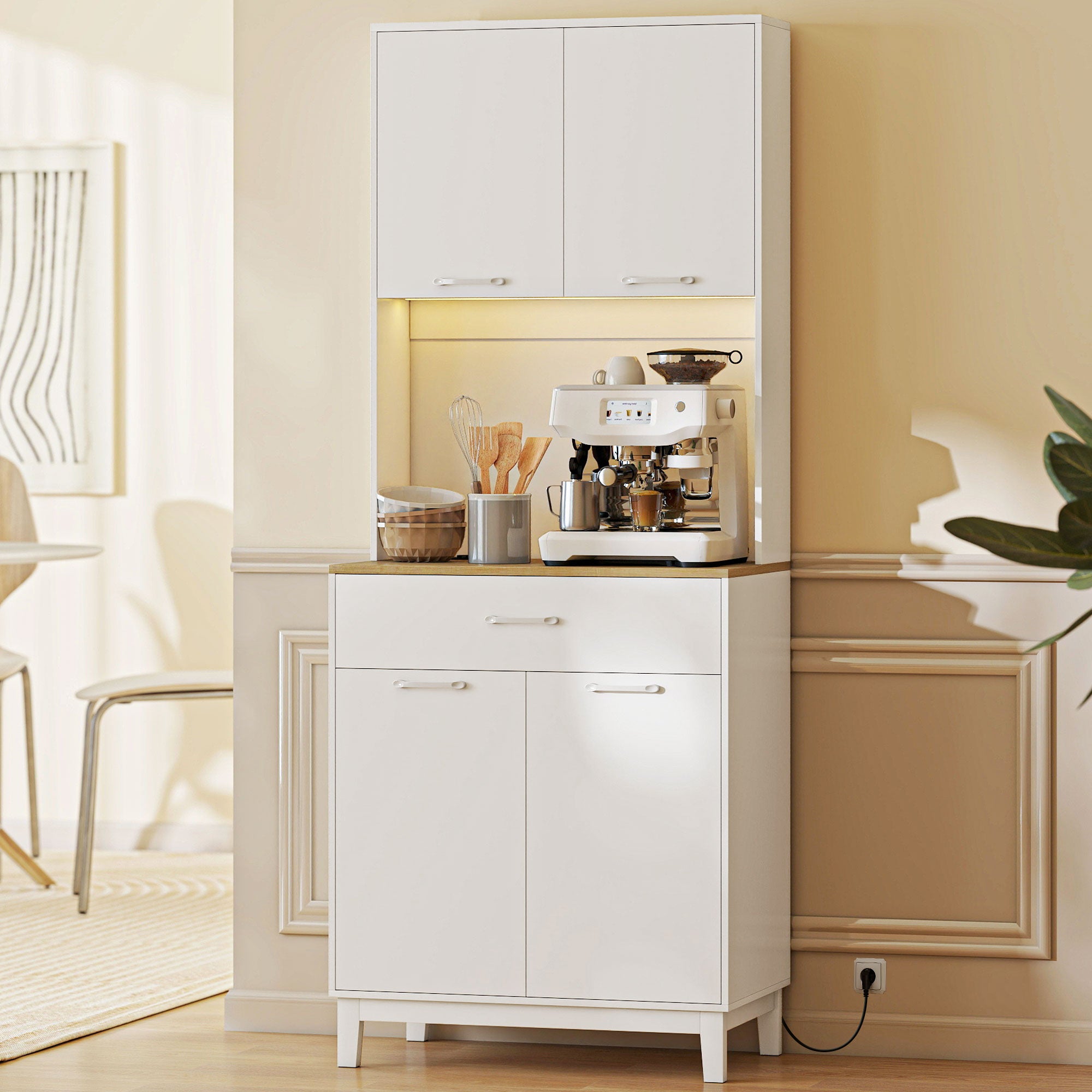 Buffet Haut Cuisine avec LED et Station de Charge, Armoire de Cuisine 180cm avec 4 Portes, Tiroir, Étagères Réglables et Plan de Travail, Meuble de Rangement pour Salon, Salle à Manger, Blanc