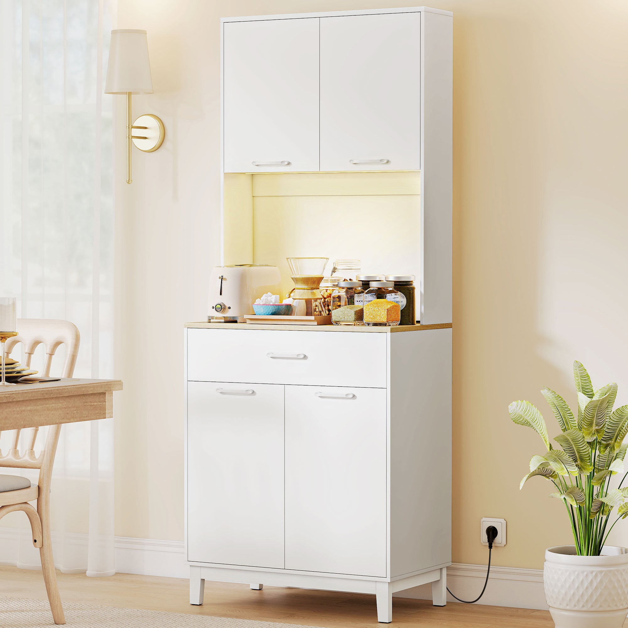 Buffet Haut Cuisine avec LED et Station de Charge, Armoire de Cuisine 180cm avec 4 Portes, Tiroir, Étagères Réglables et Plan de Travail, Meuble de Rangement pour Salon, Salle à Manger, Blanc