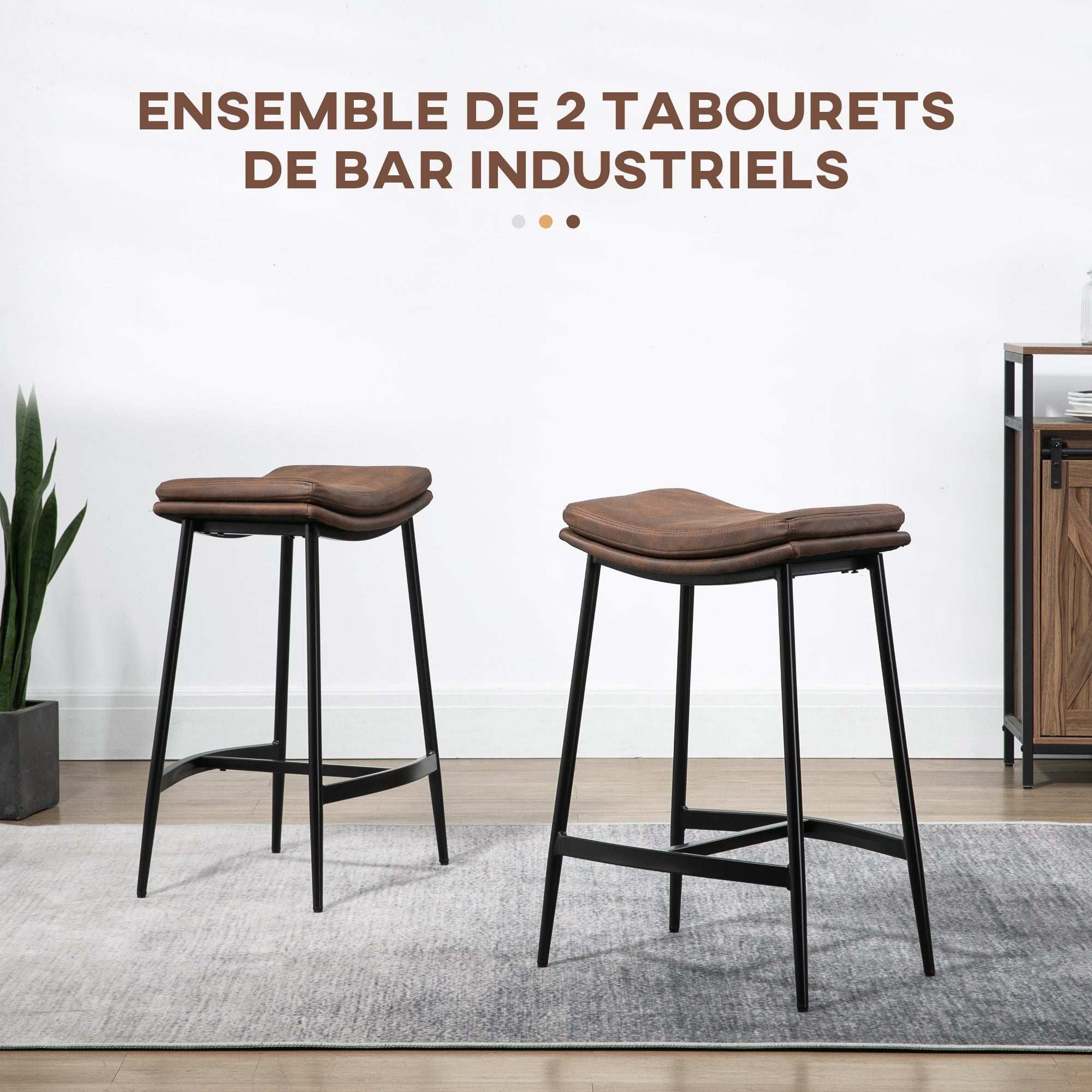 Lot de 2 tabourets de bar chaises hautes avec repose-pieds acier - style industriel - assise incurvée - 48,5 x 38,5 x 68,5 cm marron noir