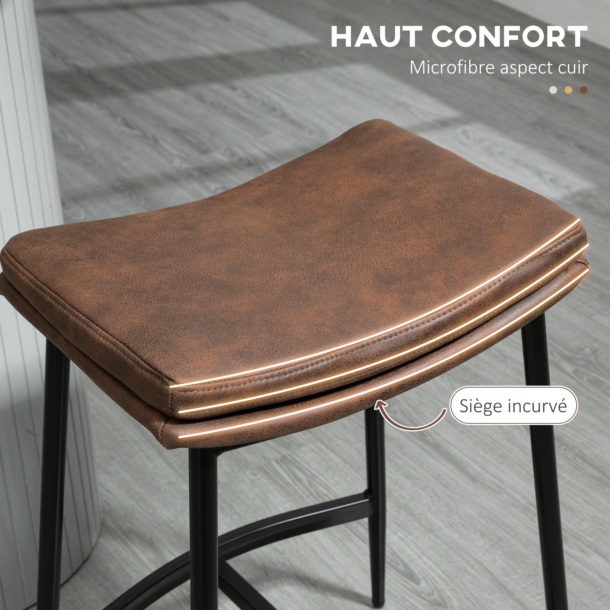 Lot de 2 tabourets de bar chaises hautes avec repose-pieds acier - style industriel - assise incurvée - 48,5 x 38,5 x 68,5 cm marron noir