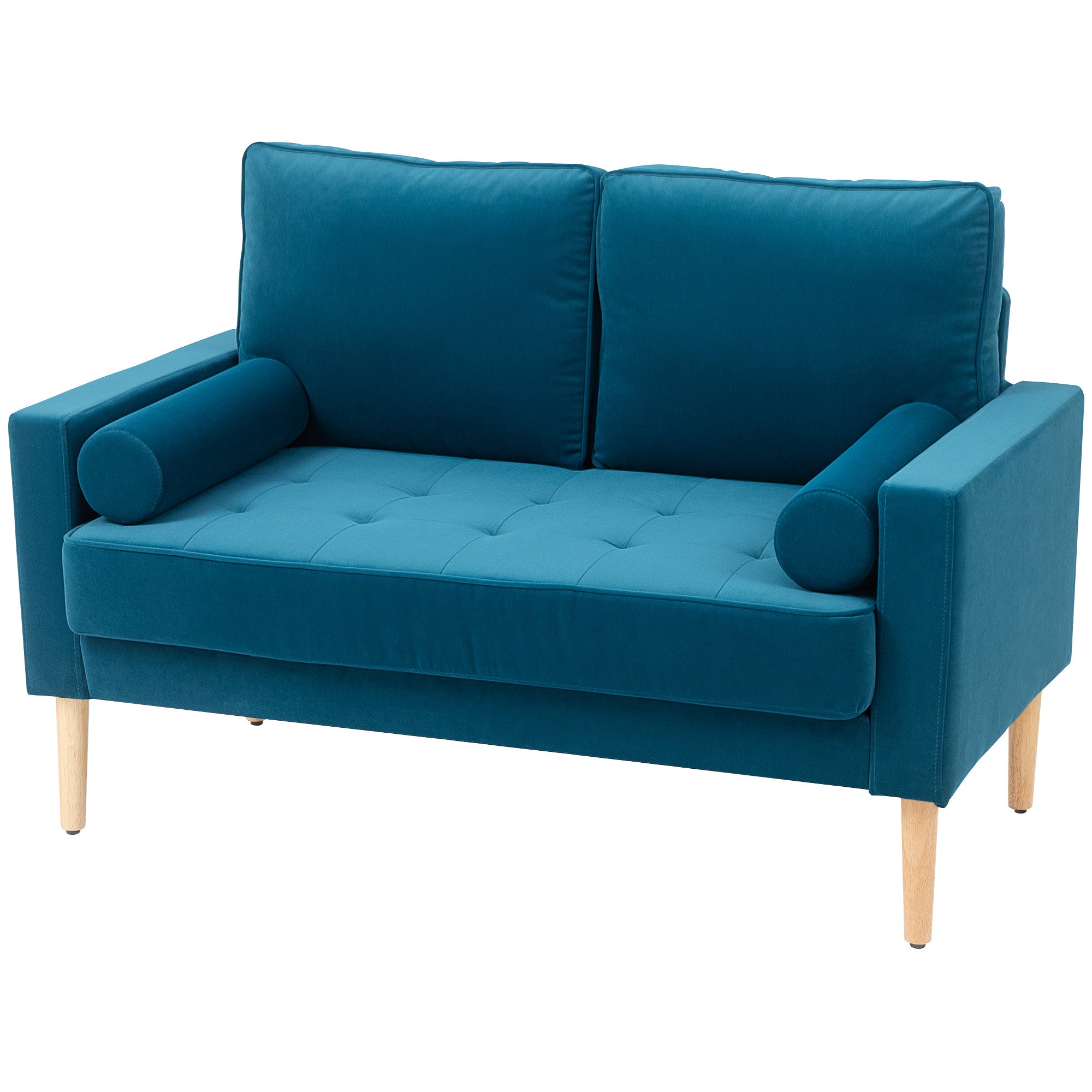 Canapé 2 places canapé moderne en velours 127 cm, coussins à ressorts épais, pieds en bois d'hévéa, 2 oreillers et assise capitonnée, banquette 2 places pour salon, chambre, petit espace, bleu