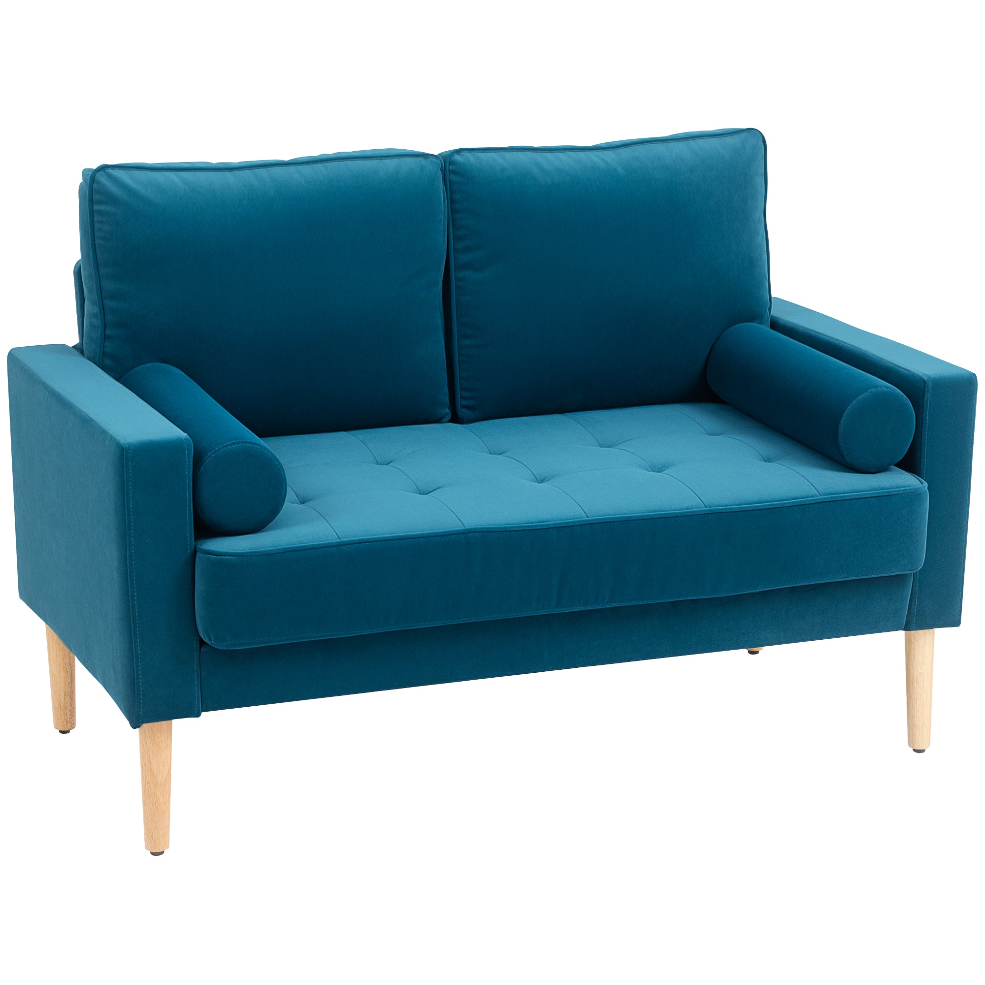 Canapé 2 places canapé moderne en velours 127 cm, coussins à ressorts épais, pieds en bois d'hévéa, 2 oreillers et assise capitonnée, banquette 2 places pour salon, chambre, petit espace, bleu