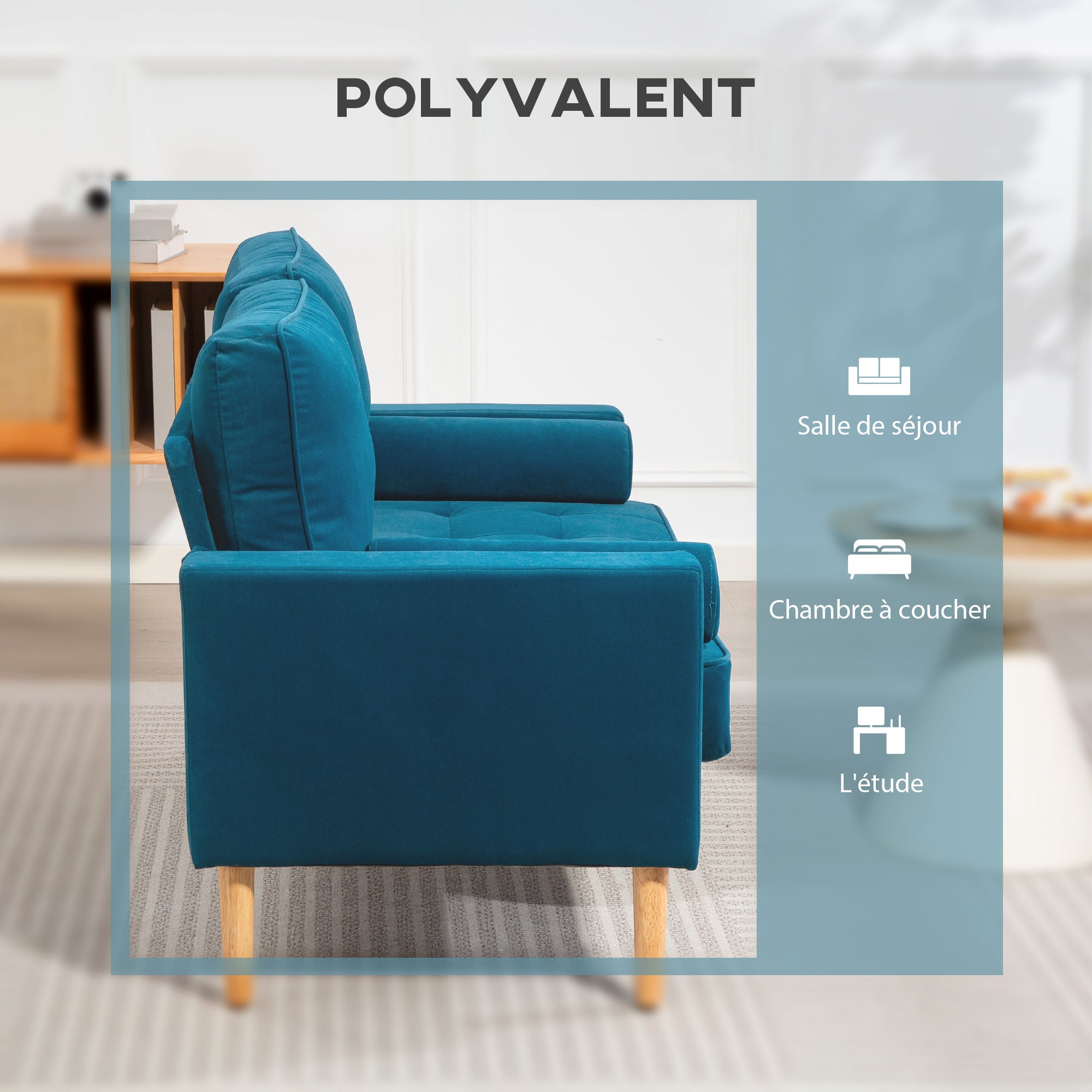 Canapé 2 places canapé moderne en velours 127 cm, coussins à ressorts épais, pieds en bois d'hévéa, 2 oreillers et assise capitonnée, banquette 2 places pour salon, chambre, petit espace, bleu