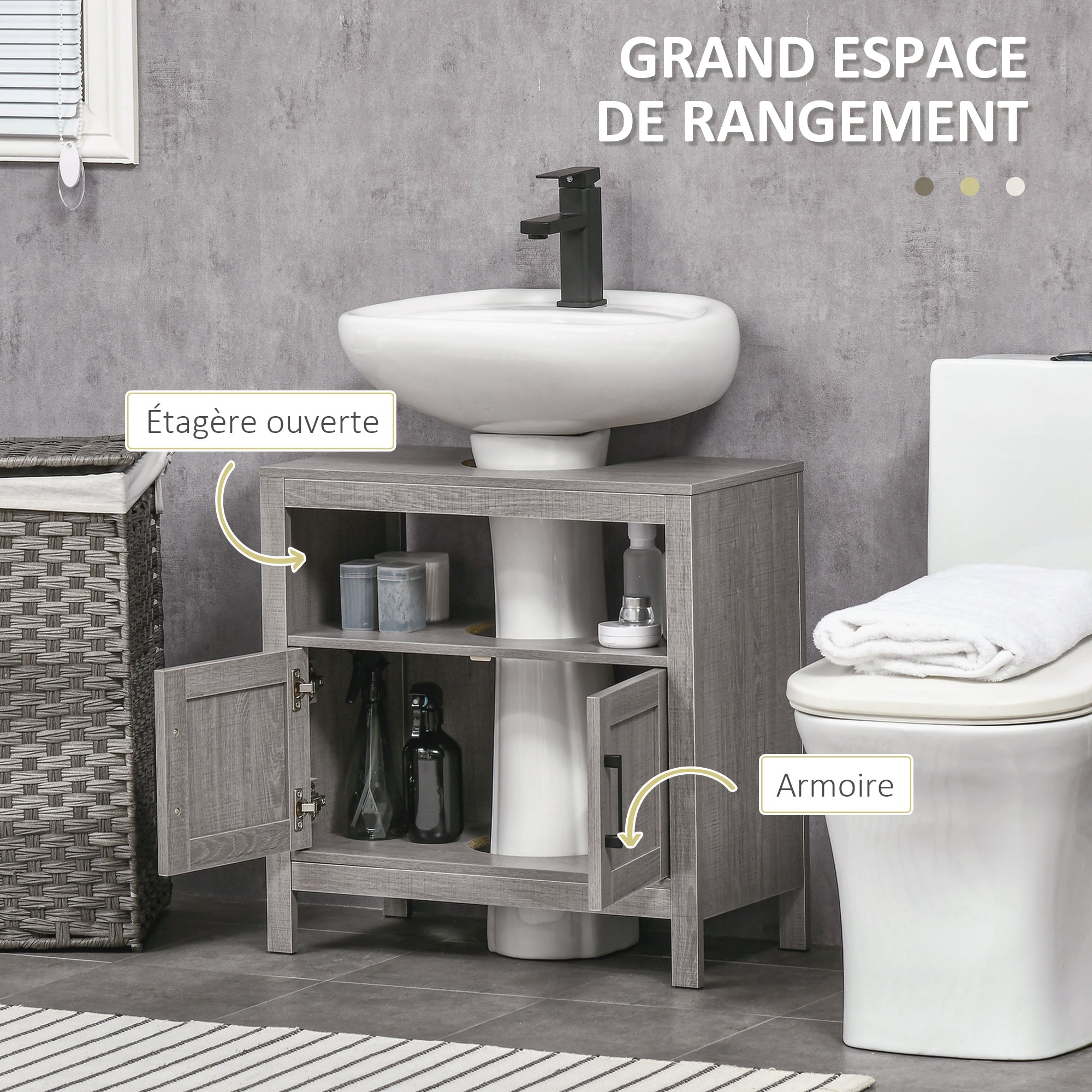 Meuble sous lavabo meuble sous évier meuble de salle de bain sous lavabo avec 2 portes et étagère - 60 x 30 x 60 cm - gris