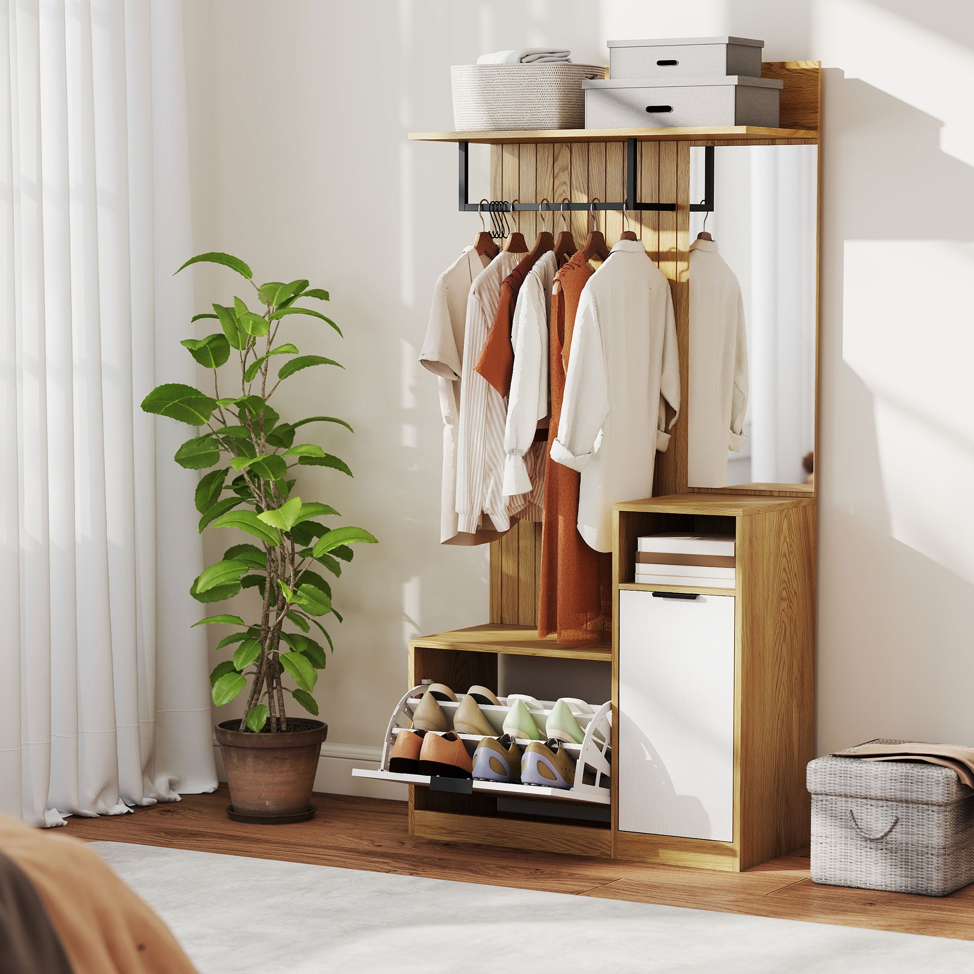 Meuble d'entrée 6 en 1, vestiaire d'entrée avec banc à chaussures rabattable, miroir, étagères, placard et patère, style moderne, porte-manteau pour couloir, chambre, salon, 80x37x168cm, chêne