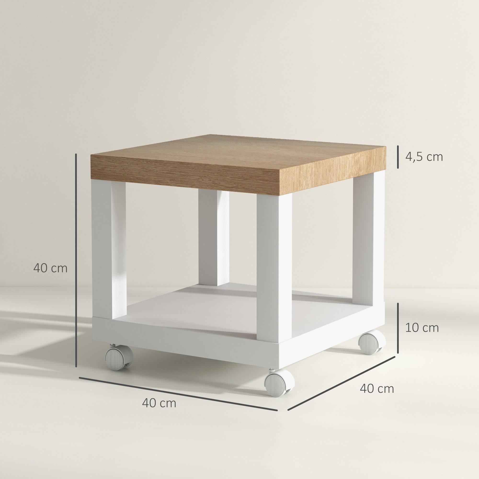 Table d'Appoint Roulante, Table Basse Moderne avec Étagère Ouverte, pour Salon, Chambre ou Bureau, 40 x 40 x 40 cm, Bois Naturel & Blanc