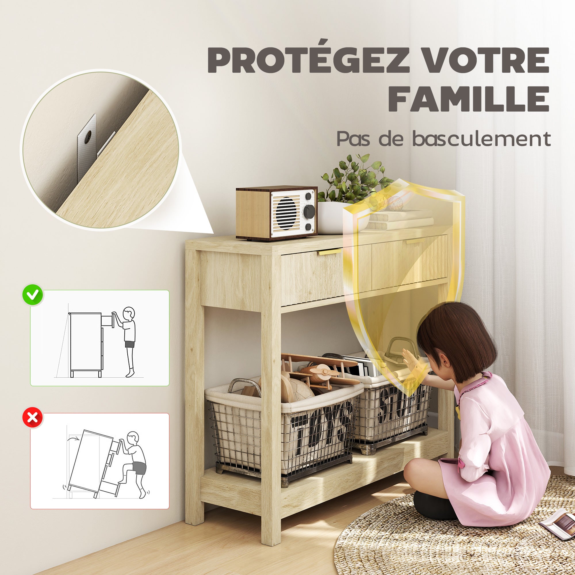 Console meuble 90 cm, table console étroite avec 2 tiroirs rainurés et étagère, style moderne, table d'entrée, couloir, salon, petits espaces, bois naturel