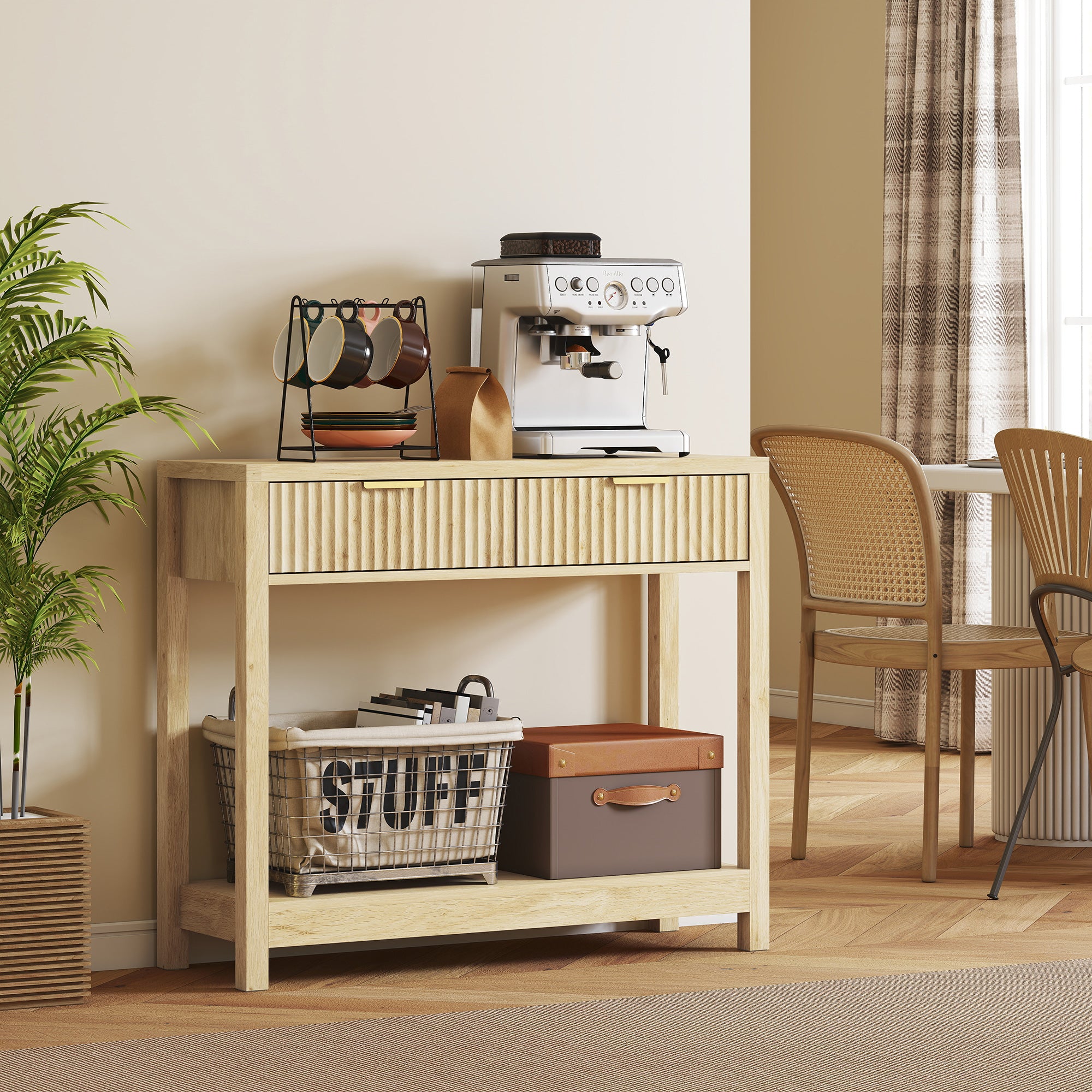 Console meuble 90 cm, table console étroite avec 2 tiroirs rainurés et étagère, style moderne, table d'entrée, couloir, salon, petits espaces, bois naturel