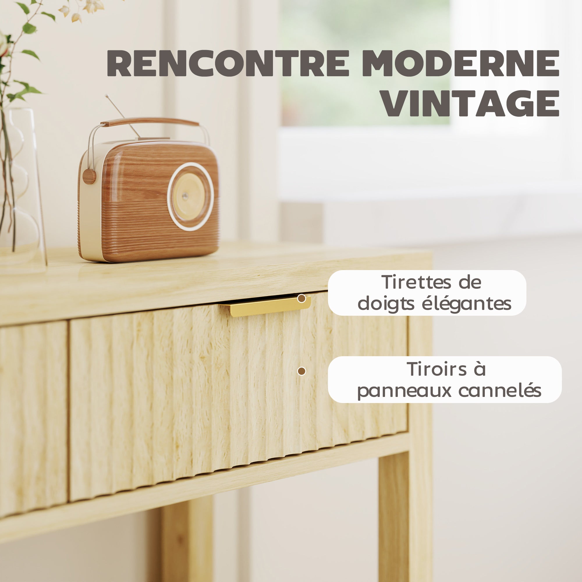 Console meuble 90 cm, table console étroite avec 2 tiroirs rainurés et étagère, style moderne, table d'entrée, couloir, salon, petits espaces, bois naturel
