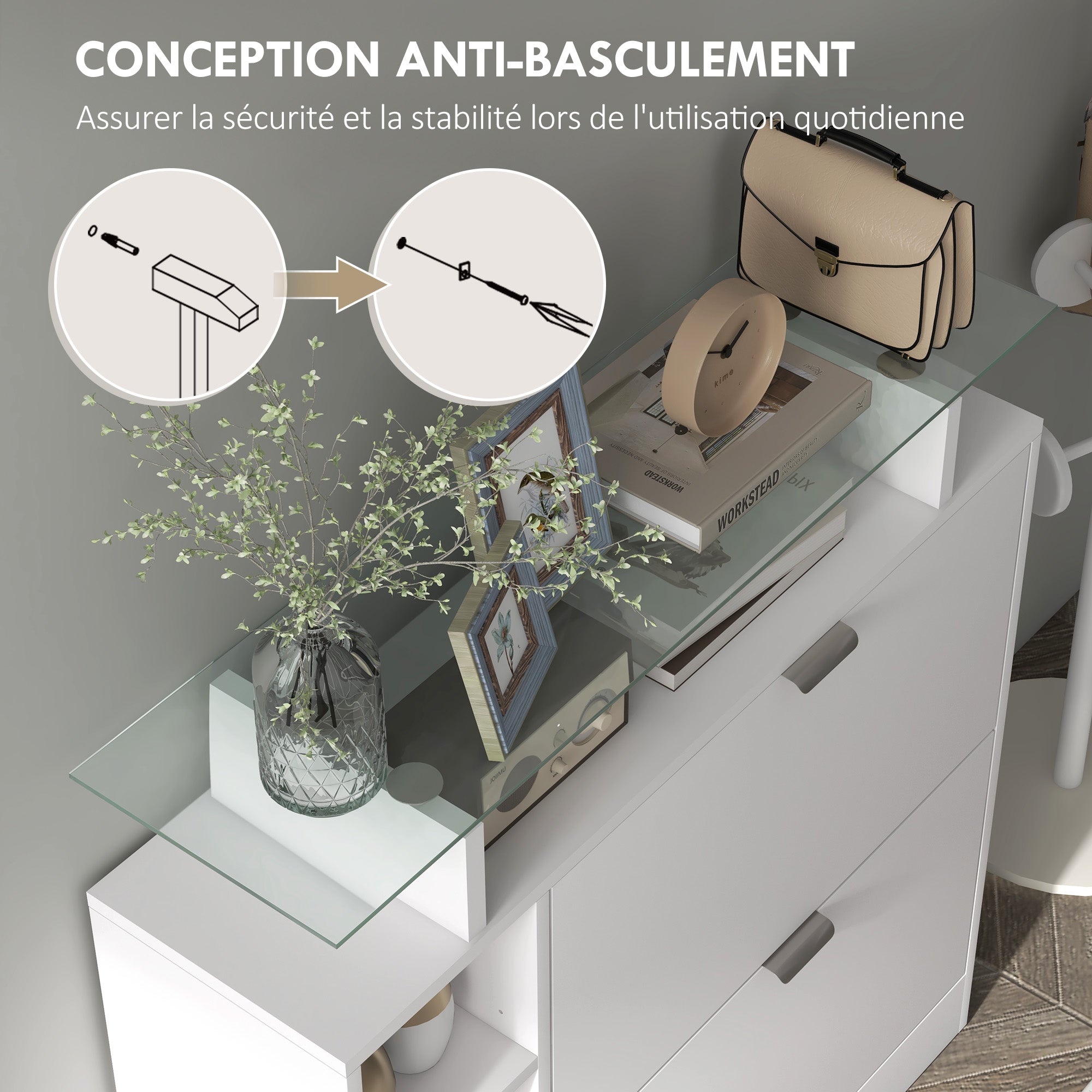 Meuble à chaussures moderne avec deux tiroirs rabattables pour 12 paires, armoire à chaussures avec plateau en verre et étagères réglables, 89 x 25 x 92 cm, blanc