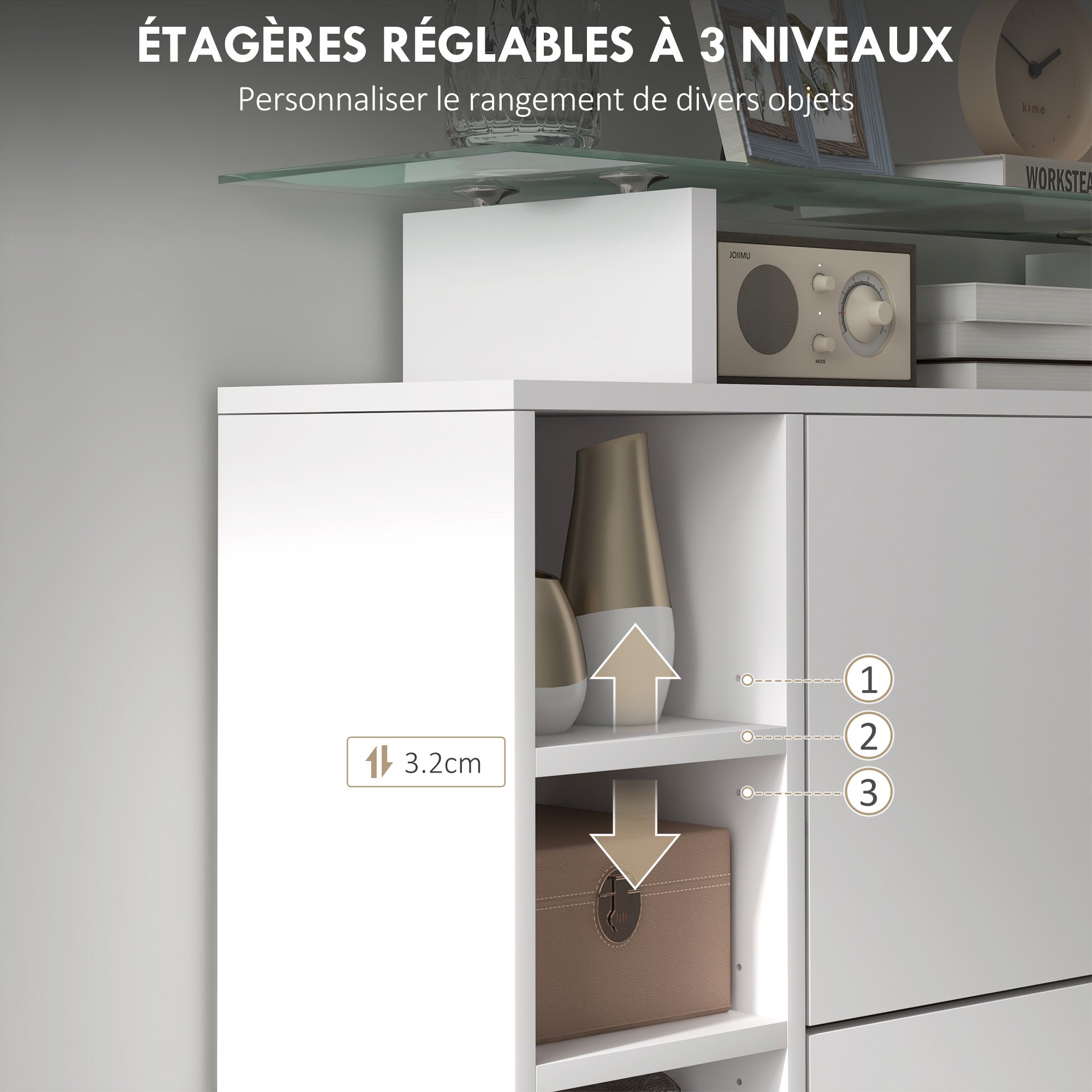Meuble à chaussures moderne avec deux tiroirs rabattables pour 12 paires, armoire à chaussures avec plateau en verre et étagères réglables, 89 x 25 x 92 cm, blanc