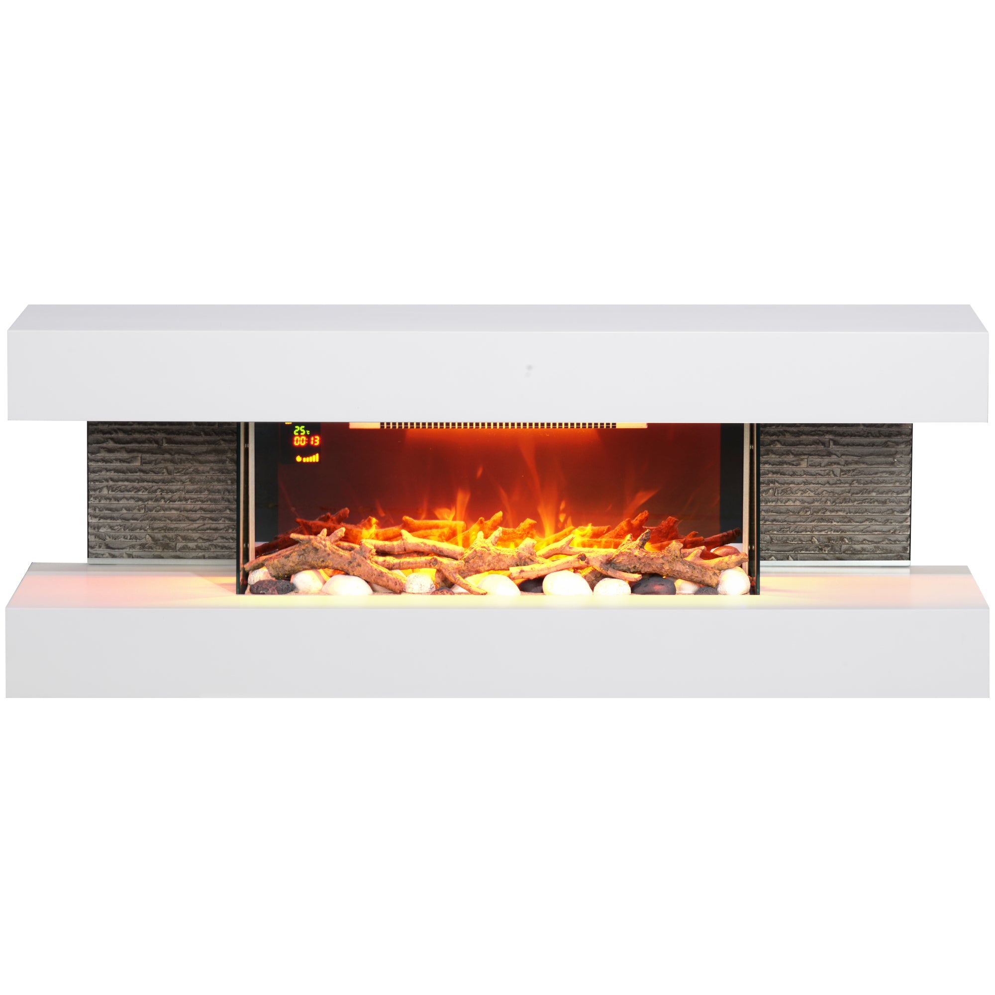 Cheminée électrique 2000 W mural ou sur pieds fausse cheminée 120L cm avec manteau, cadre en verre, effet flamme LED réglable, bûche, galets, minuterie, température 15-40℃, télécommande, blanc