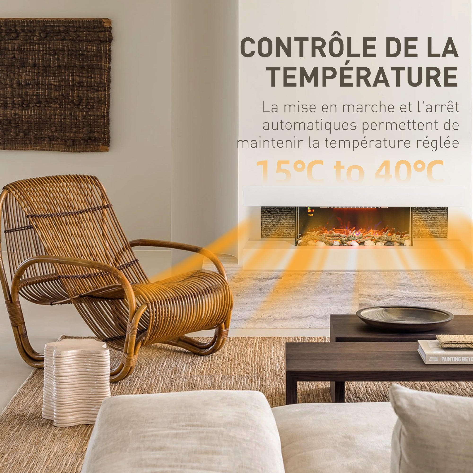 Cheminée électrique 2000 W mural ou sur pieds fausse cheminée 120L cm avec manteau, cadre en verre, effet flamme LED réglable, bûche, galets, minuterie, température 15-40℃, télécommande, blanc