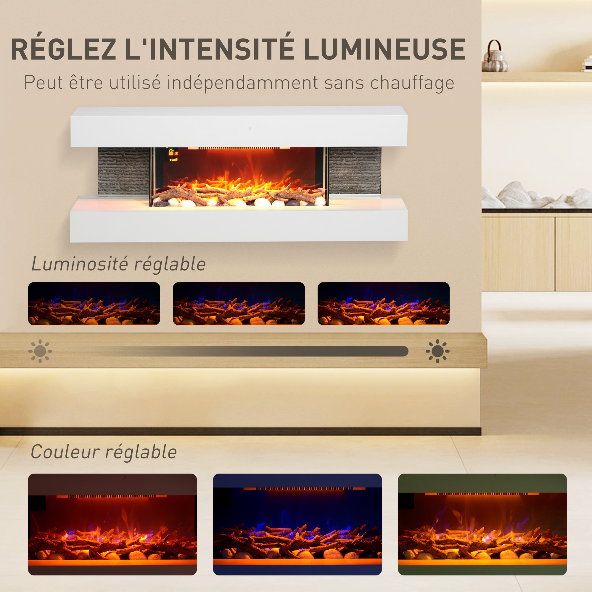 Cheminée électrique 2000 W mural ou sur pieds fausse cheminée 120L cm avec manteau, cadre en verre, effet flamme LED réglable, bûche, galets, minuterie, température 15-40℃, télécommande, blanc