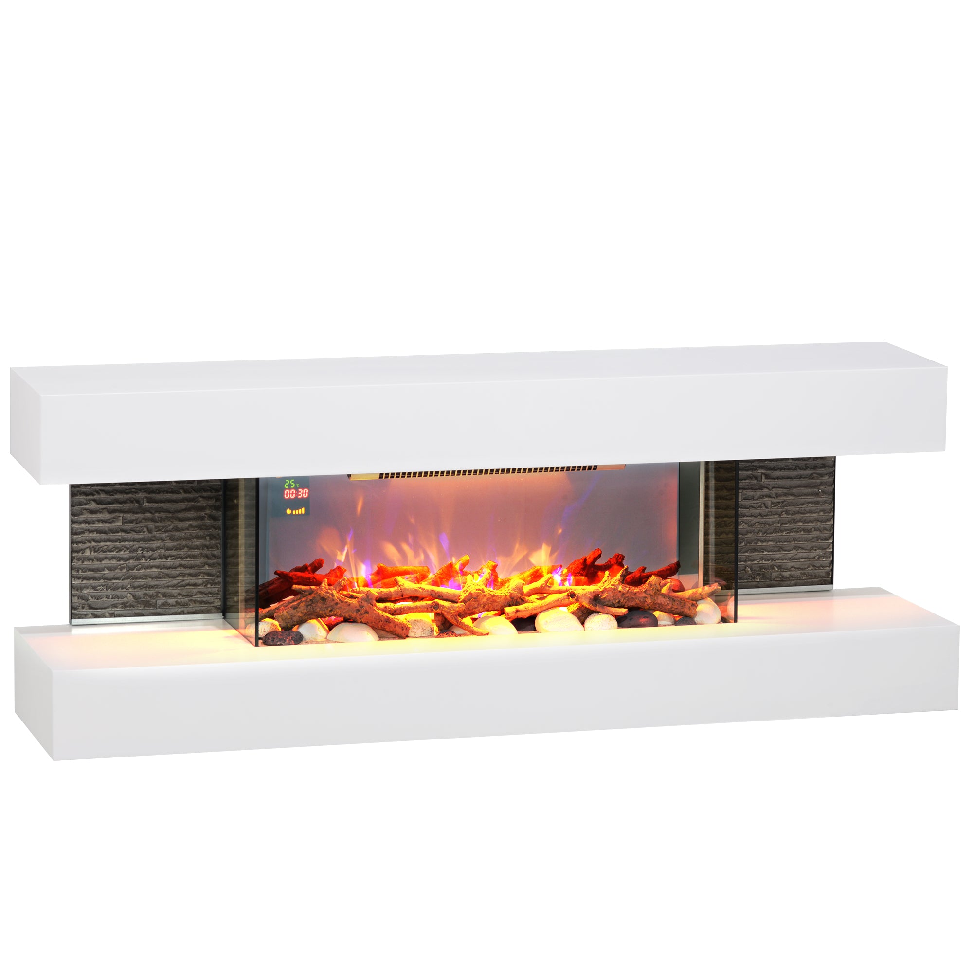 Cheminée électrique 2000 W mural ou sur pieds fausse cheminée 120L cm avec manteau, cadre en verre, effet flamme LED réglable, bûche, galets, minuterie, température 15-40℃, télécommande, blanc