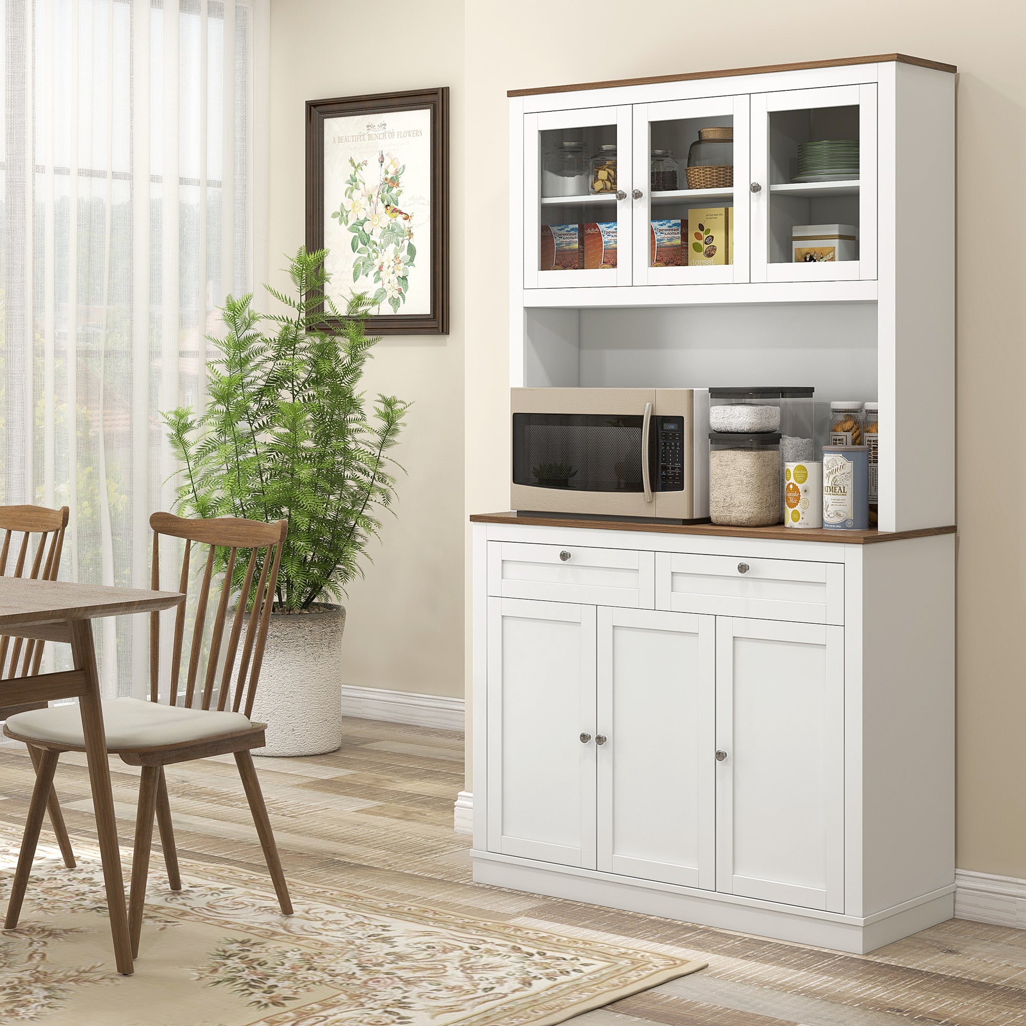 Buffet haut cuisine, armoire de cuisine, vaisselier, 6 portes dont 3 en verre, 2 tiroirs, plan de travail, étagères réglables, meuble de rangement pour salon salle à manger, 100x40x180cm, blanc