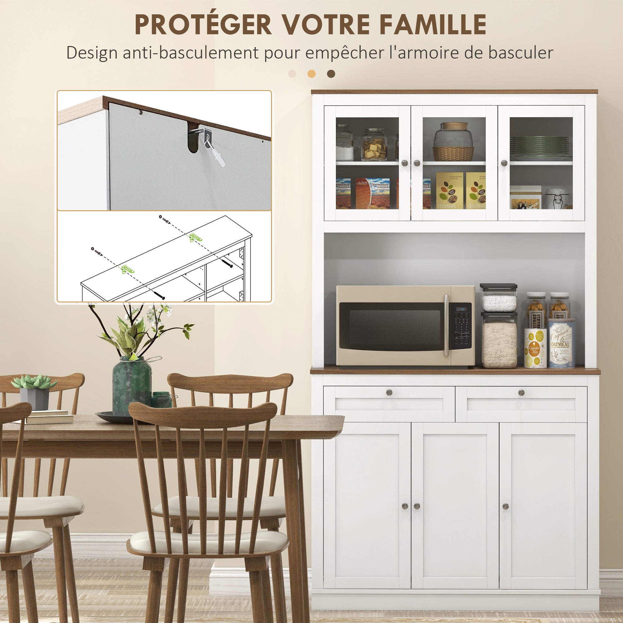 Buffet haut cuisine, armoire de cuisine, vaisselier, 6 portes dont 3 en verre, 2 tiroirs, plan de travail, étagères réglables, meuble de rangement pour salon salle à manger, 100x40x180cm, blanc