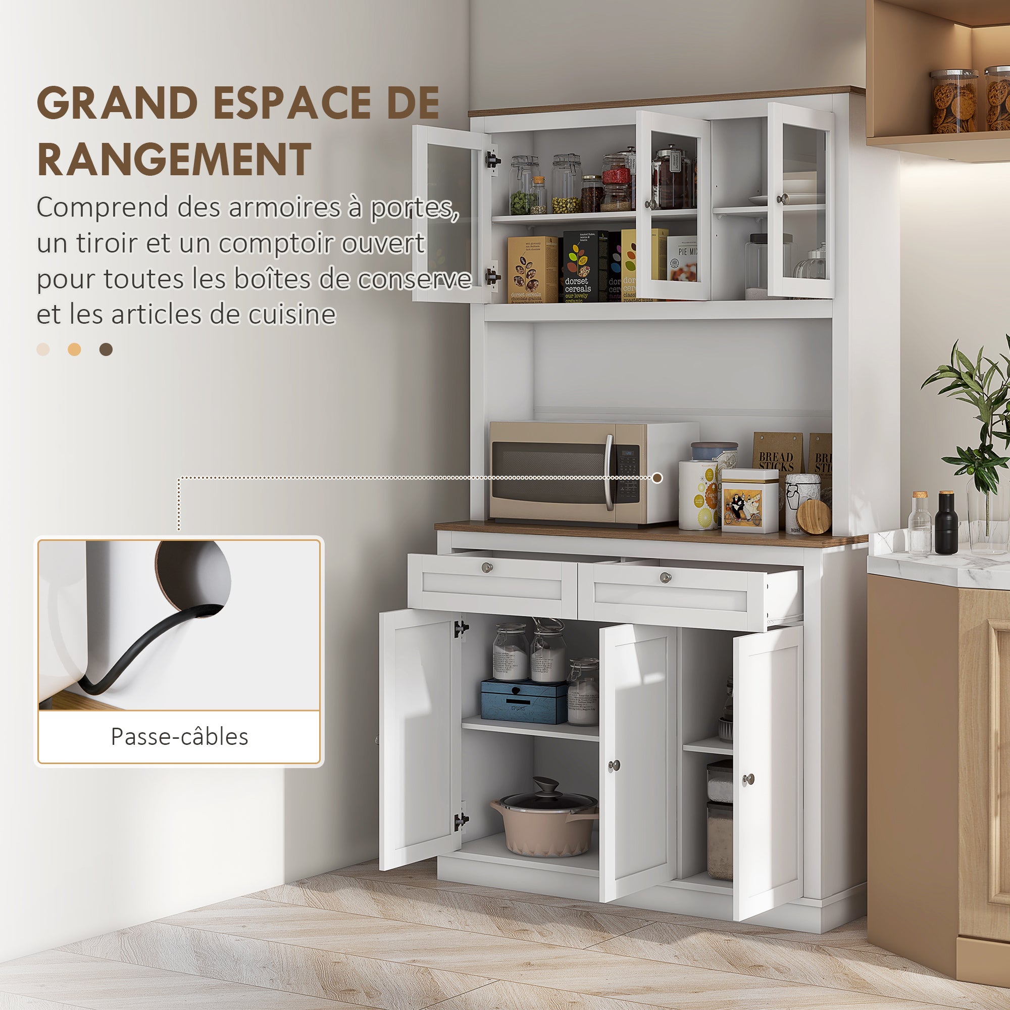 Buffet haut cuisine, armoire de cuisine, vaisselier, 6 portes dont 3 en verre, 2 tiroirs, plan de travail, étagères réglables, meuble de rangement pour salon salle à manger, 100x40x180cm, blanc