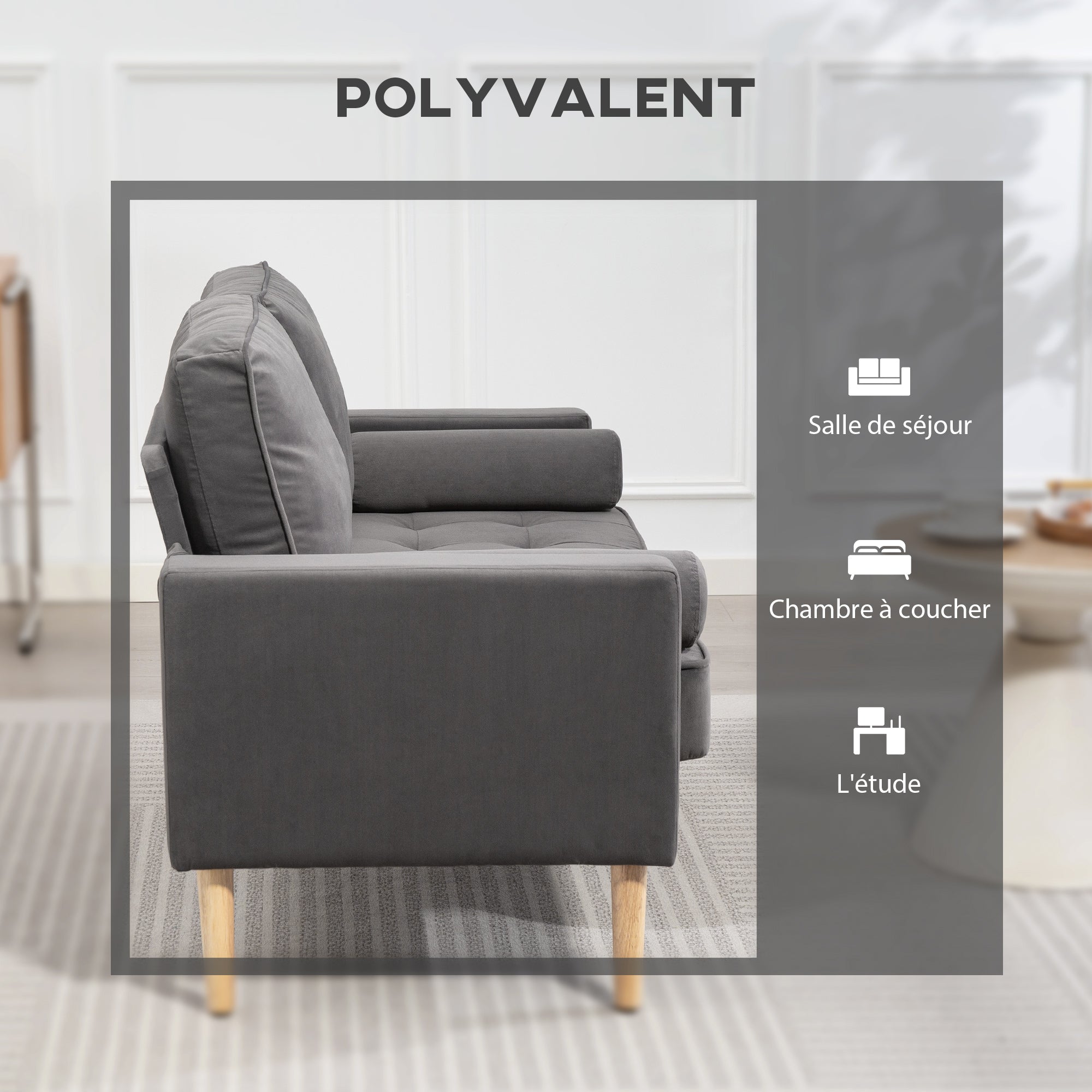 Canapé 2 places canapé moderne en velours 127 cm, coussins à ressorts épais, pieds en bois d'hévéa, 2 oreillers et assise capitonnée, banquette 2 places pour salon, chambre, petit espace, gris