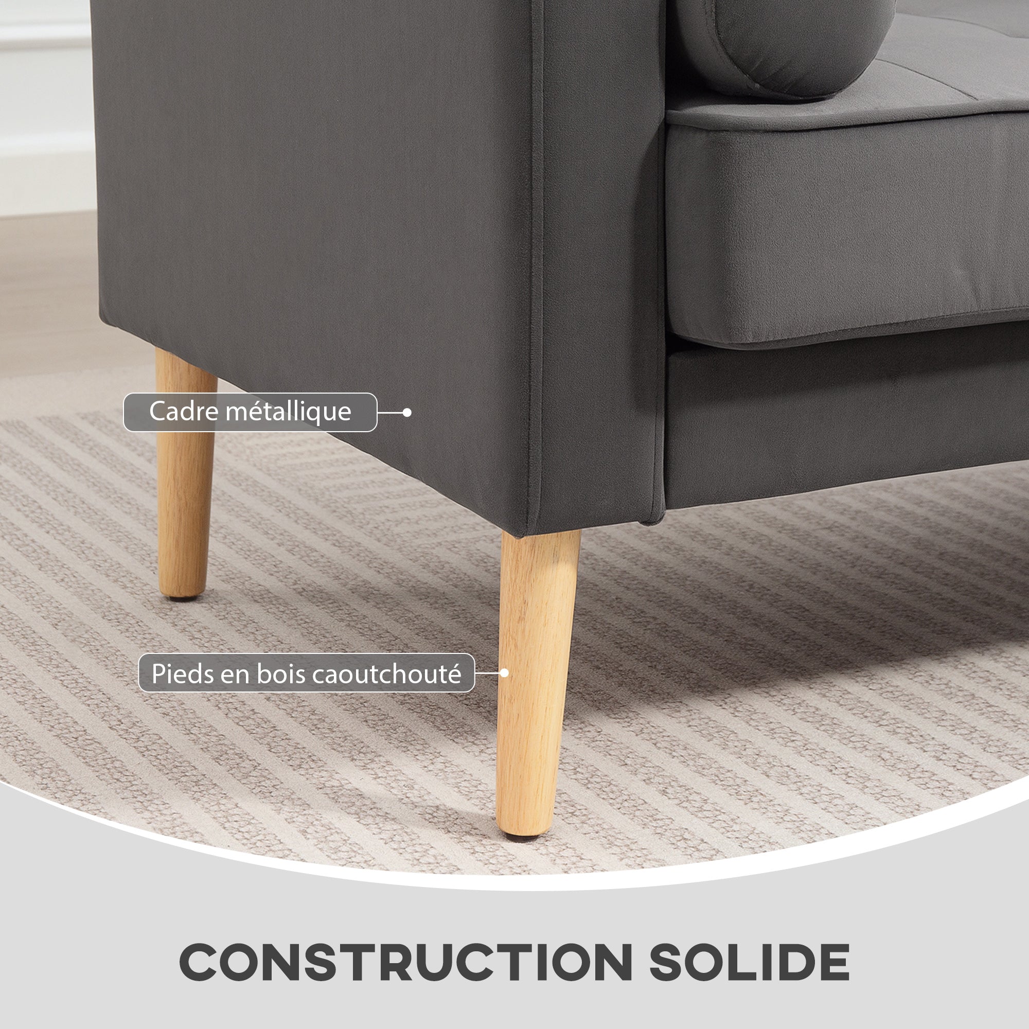 Canapé 2 places canapé moderne en velours 127 cm, coussins à ressorts épais, pieds en bois d'hévéa, 2 oreillers et assise capitonnée, banquette 2 places pour salon, chambre, petit espace, gris