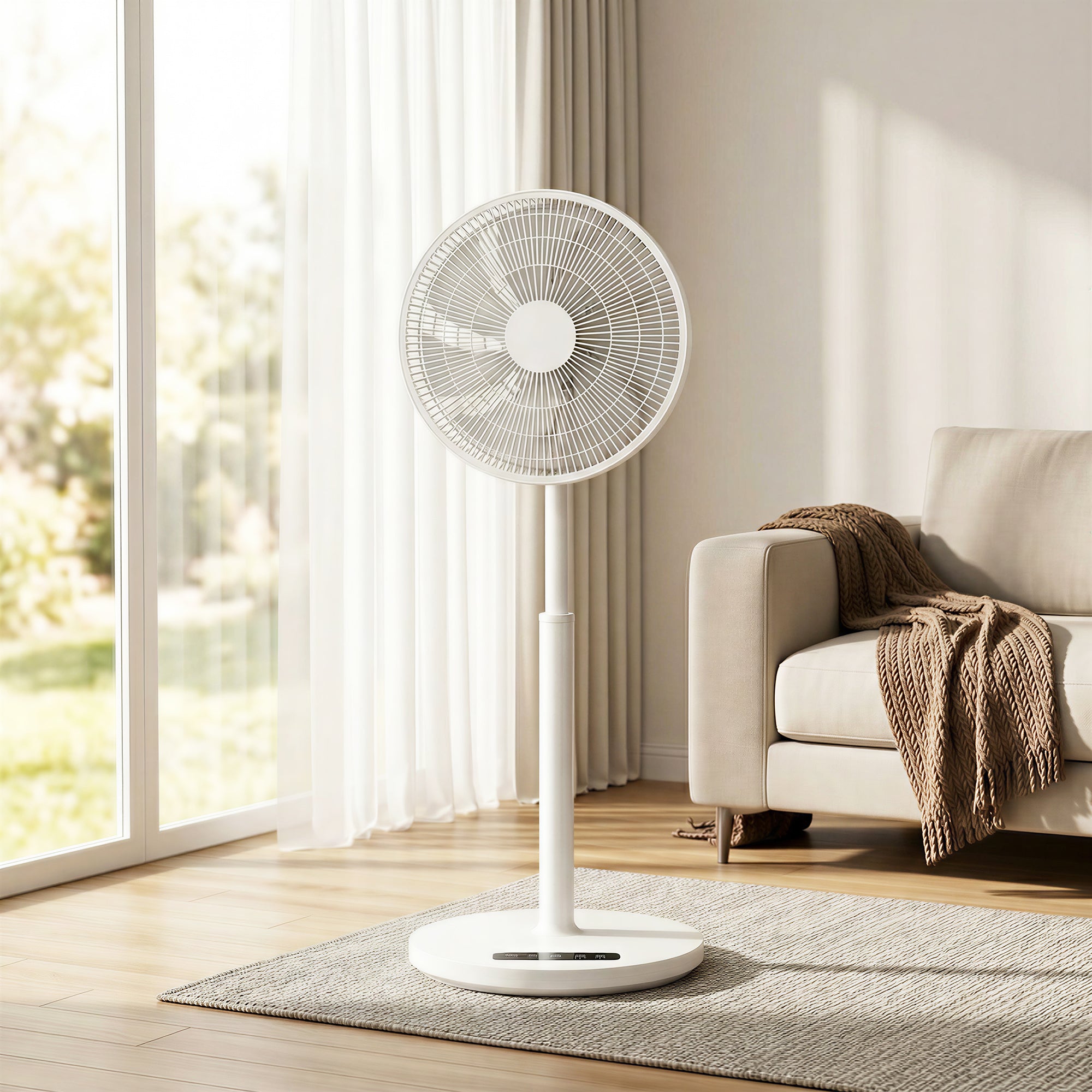 Ventilateur sur pied, ventilateur 39 cm avec 12 vitesses, 4 modes, minuterie 9H, oscillant 120°, hauteur réglable et télécommande magnétique, pour chambre, salon, bureau, blanc