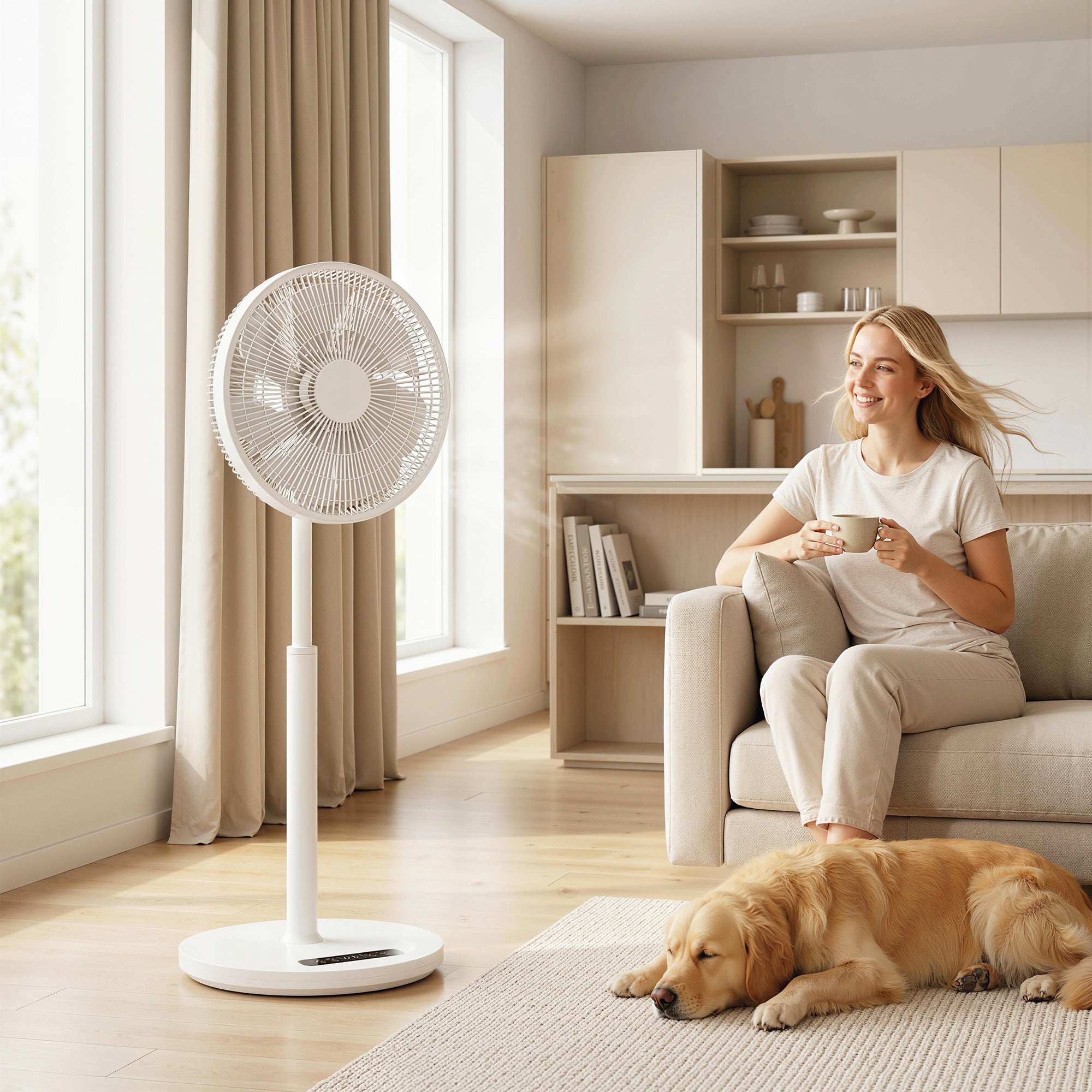 Ventilateur sur pied, ventilateur 39 cm avec 12 vitesses, 4 modes, minuterie 9H, oscillant 120°, hauteur réglable et télécommande magnétique, pour chambre, salon, bureau, blanc
