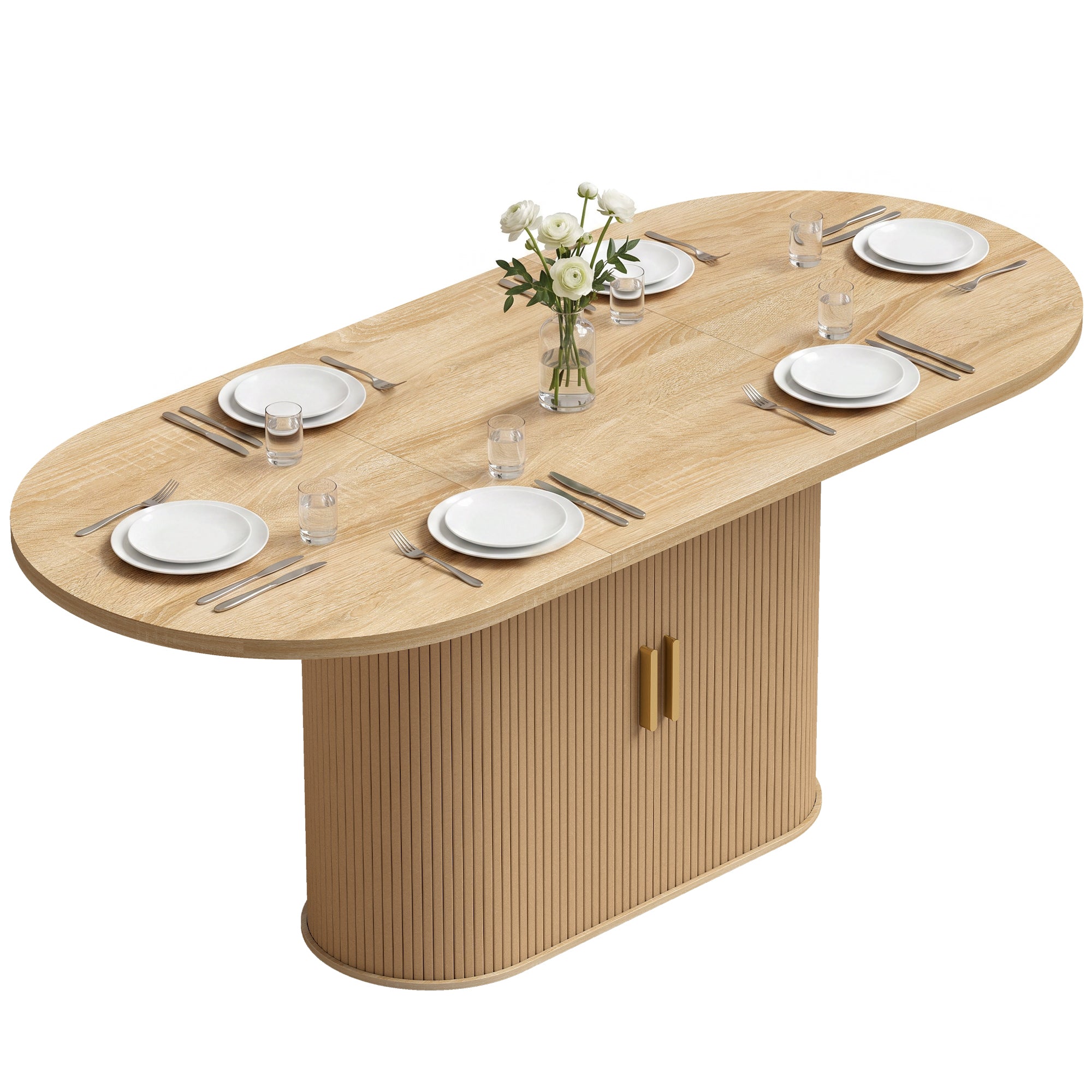 Table à Manger Ovale pour 6 personnes, 180x80x75cm - Table de Cuisine Moderne avec Portes Coulissantes, 6 Compartiments - Style Farmhouse Moderne, pour Salle à Manger, Cuisine, Salon, Chêne
