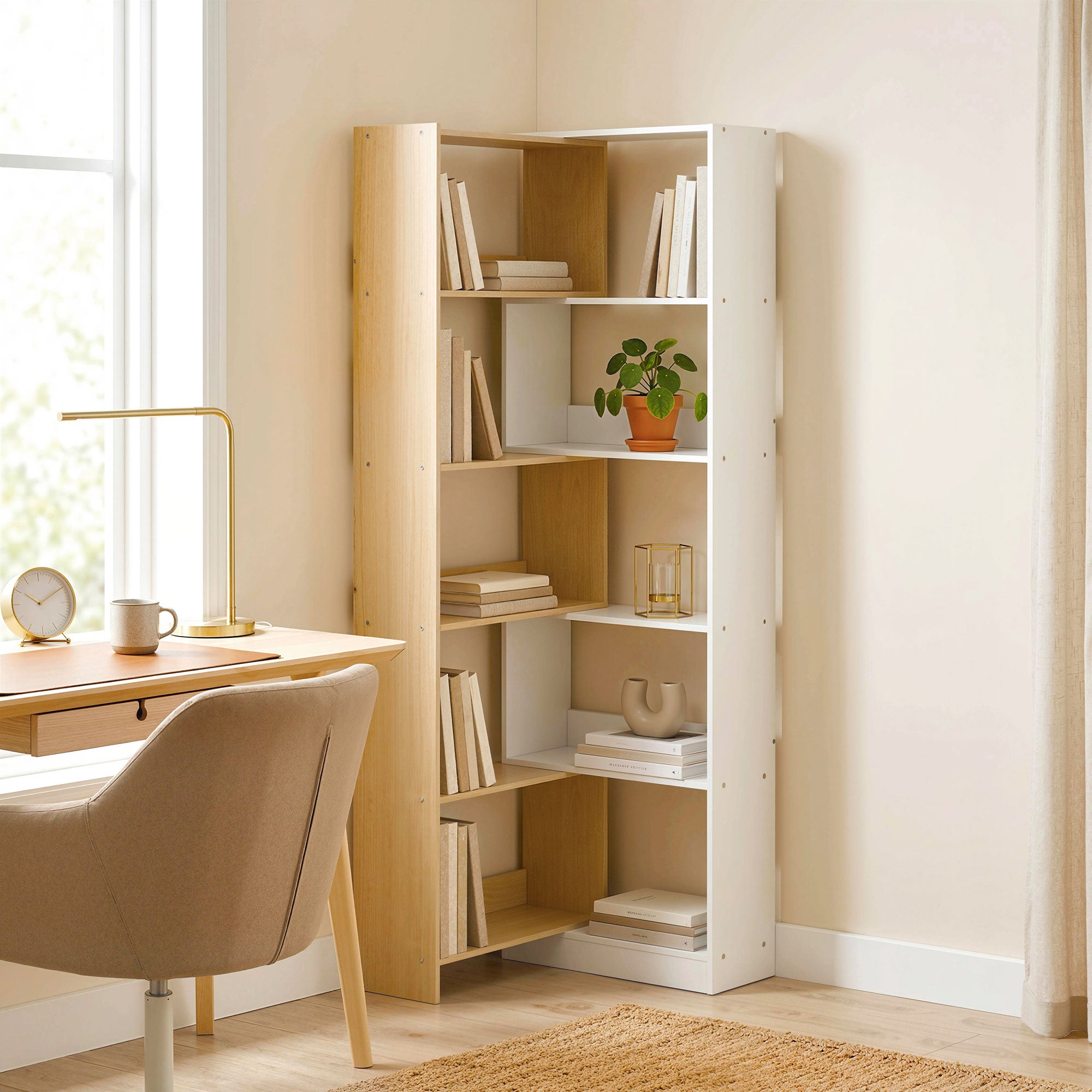 Bibliothèque d'angle rotative 350° à 5 niveaux, étagère de rangement extensible en forme L, 60-111x24x164cm, style moderne, meuble de rangement pour salon, bureau, petit espace, chêne et blanc