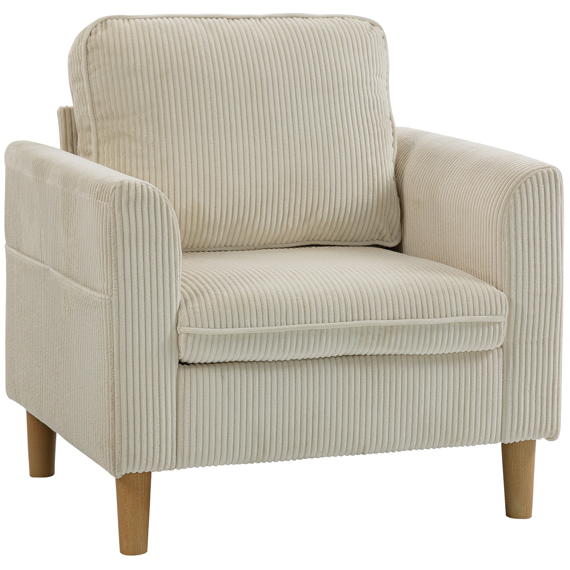 Fauteuil de salon en velours côtelé, canapé 1 place rembourré avec assise large et coussin à ressorts, style moderne, pour chambre, salon, petit espace, beige