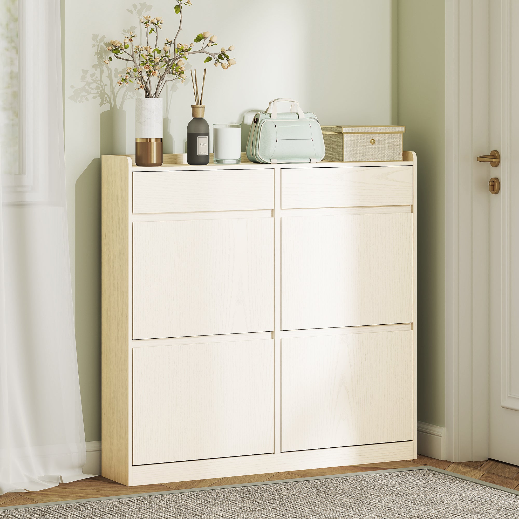 Meuble à chaussures 8 paires, armoire à chaussures étroite, meuble d'entrée avec 2 tiroirs coulissants et 4 tiroirs rabattables, pour couloir et entrée, 98 x 19,2 x 95,3 cm, blanc