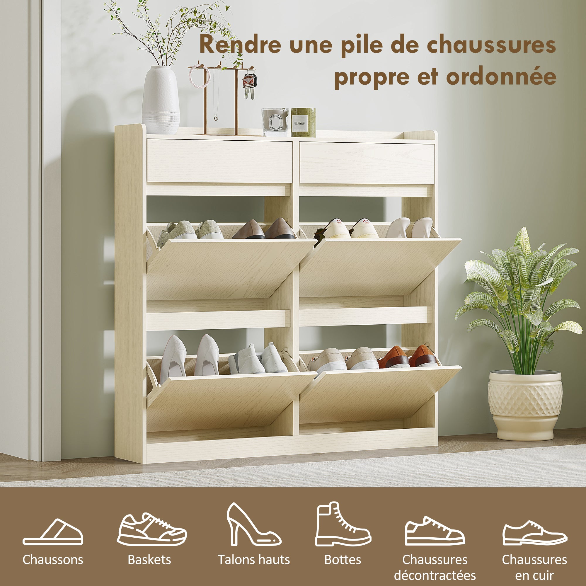 Meuble à chaussures 8 paires, armoire à chaussures étroite, meuble d'entrée avec 2 tiroirs coulissants et 4 tiroirs rabattables, pour couloir et entrée, 98 x 19,2 x 95,3 cm, blanc